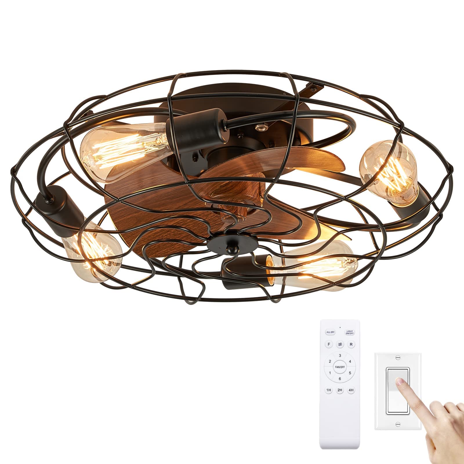 LUDOMIDE Caged Ceiling Fan with Light and Remote, 21" Small Flush Mount Ceiling Fan with Lights, 3 Enclosed Blades, 6 Wind Speeds Industrial Low Profile Ceiling Fan for Bedroom, Living Room