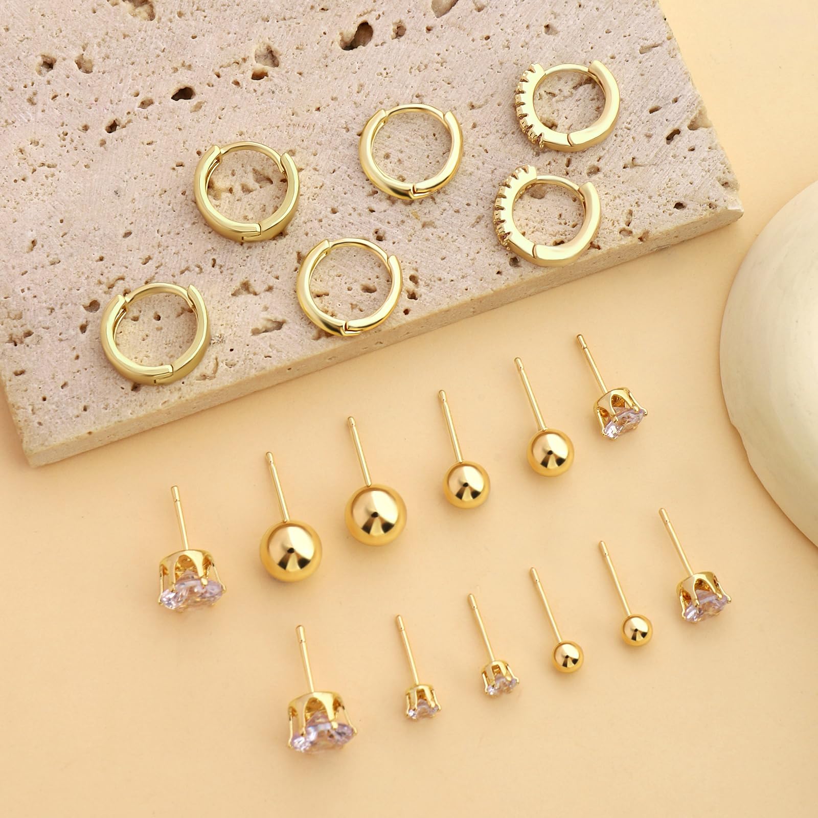 Earring Sets for Multiple Piercing, Gold Studs Earrings for Women Flat Back Stud Earrings Huggie Hoop Earrings Set Hypoallergenic 14K Gold Plated Earrings Lightweight Small Cubic Zirconia Gold Ball Cartilage Studs Earrings for Women Girls Men