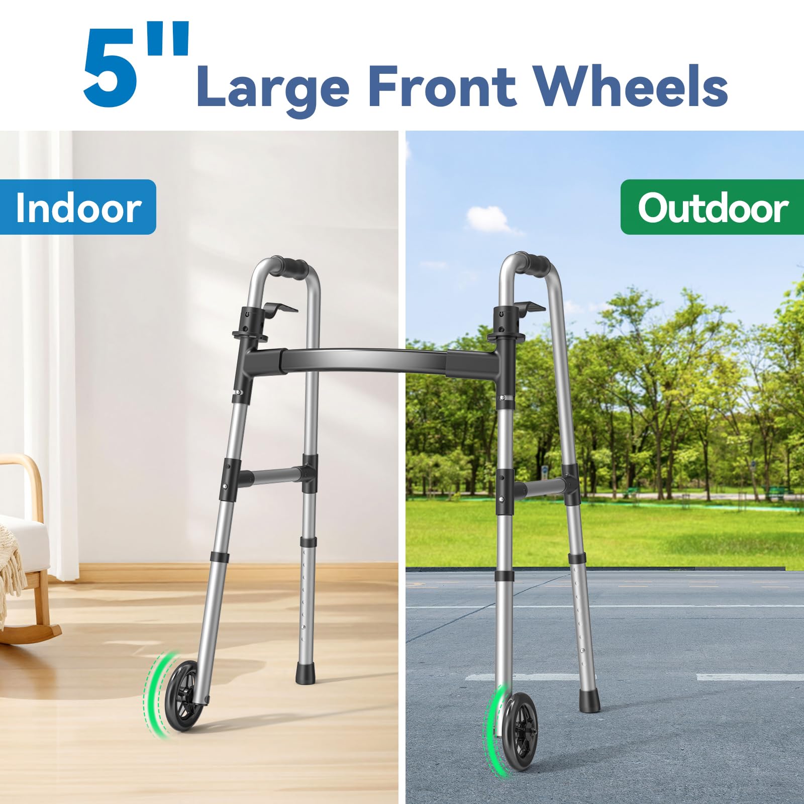 Loyoda Folding Walker with 2 Skis and 5" Wheels, Lightweight Walkers for Seniors and Adults, Supports Up to 350 Pounds, Adjustable Height, Compact Standard Walker, Black