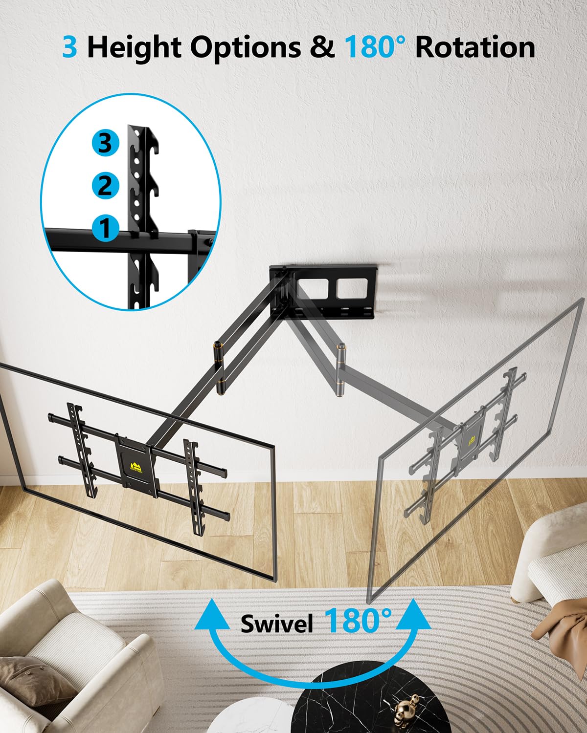 FORGING MOUNT Long Arm Corner TV Mount with Height Setting Full Motion TV Wall Mount with 36" Extends for Corner/Flat Installed Fits 42"-90" TVs,Holds 150lbs,VESA 600x400mm