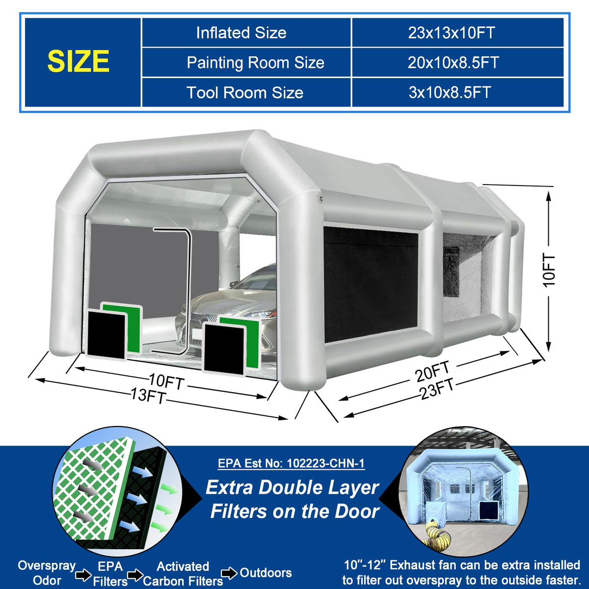 Inflatable Spray Booth 23x13x10FT with 950W+750W blowers, Portable Paint Booth with Air Exchange System for Cars, Auto Parts and Other Items Painting