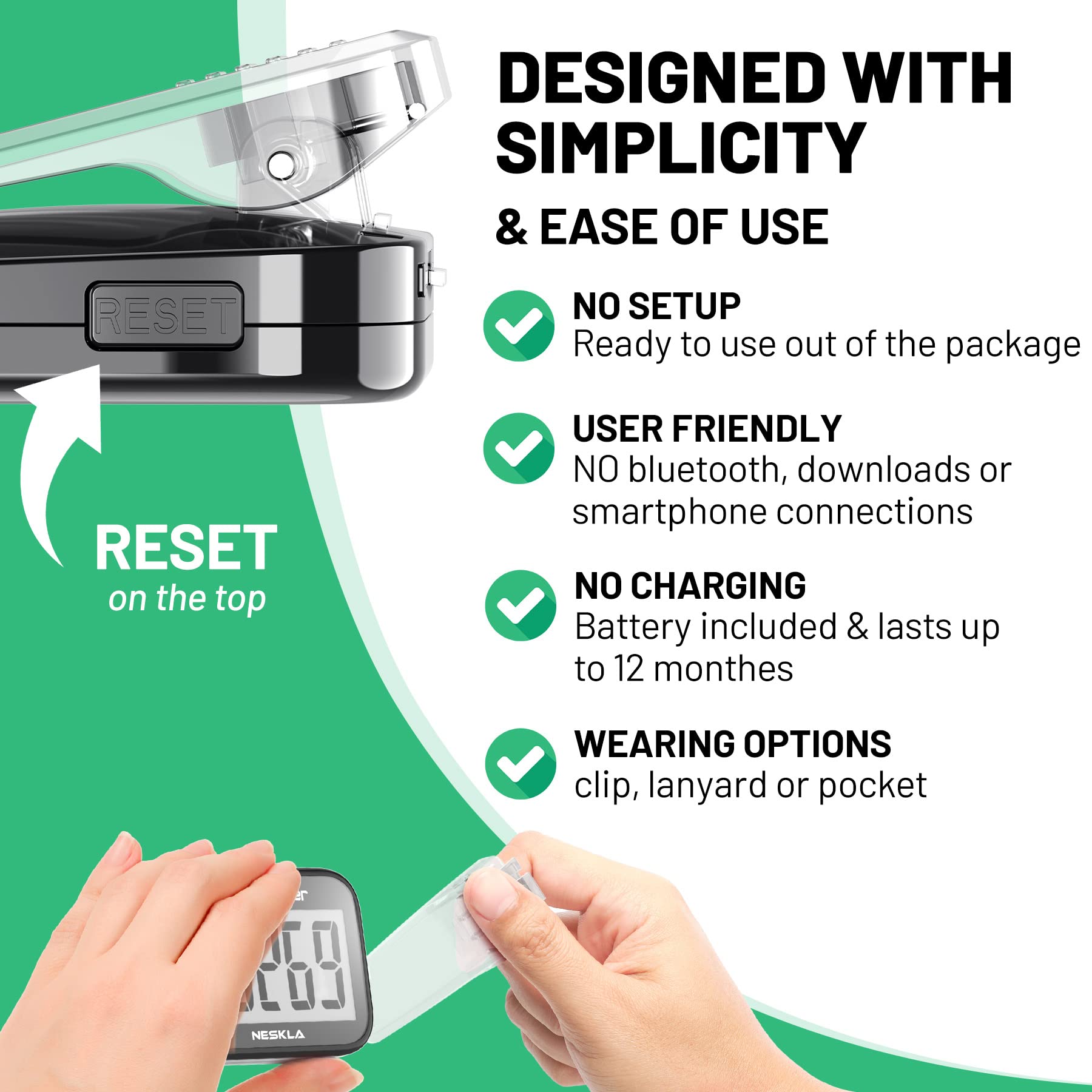 NESKLA 838 3D Pedometer for Walking, Simple Step Counter and Tracker with Large Digital Display, Removable Clip Lanyard, Accurately Track Steps for Men, Women, Kids, Adults, Seniors, Black