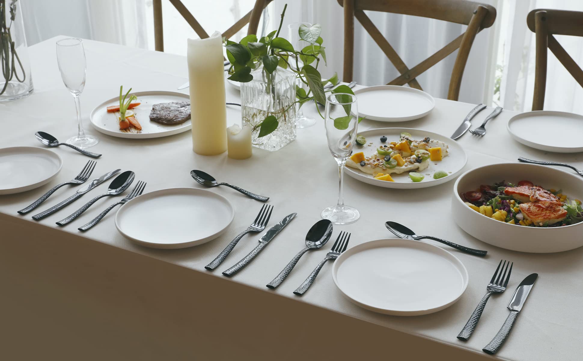 Kelenfer Silverware Set Black Flatware Set Stainless Steel 40 Pieces Cutlery Set Hammered Pattern Mirror Polished Home Hotel Use Service for 8, (KL9001)