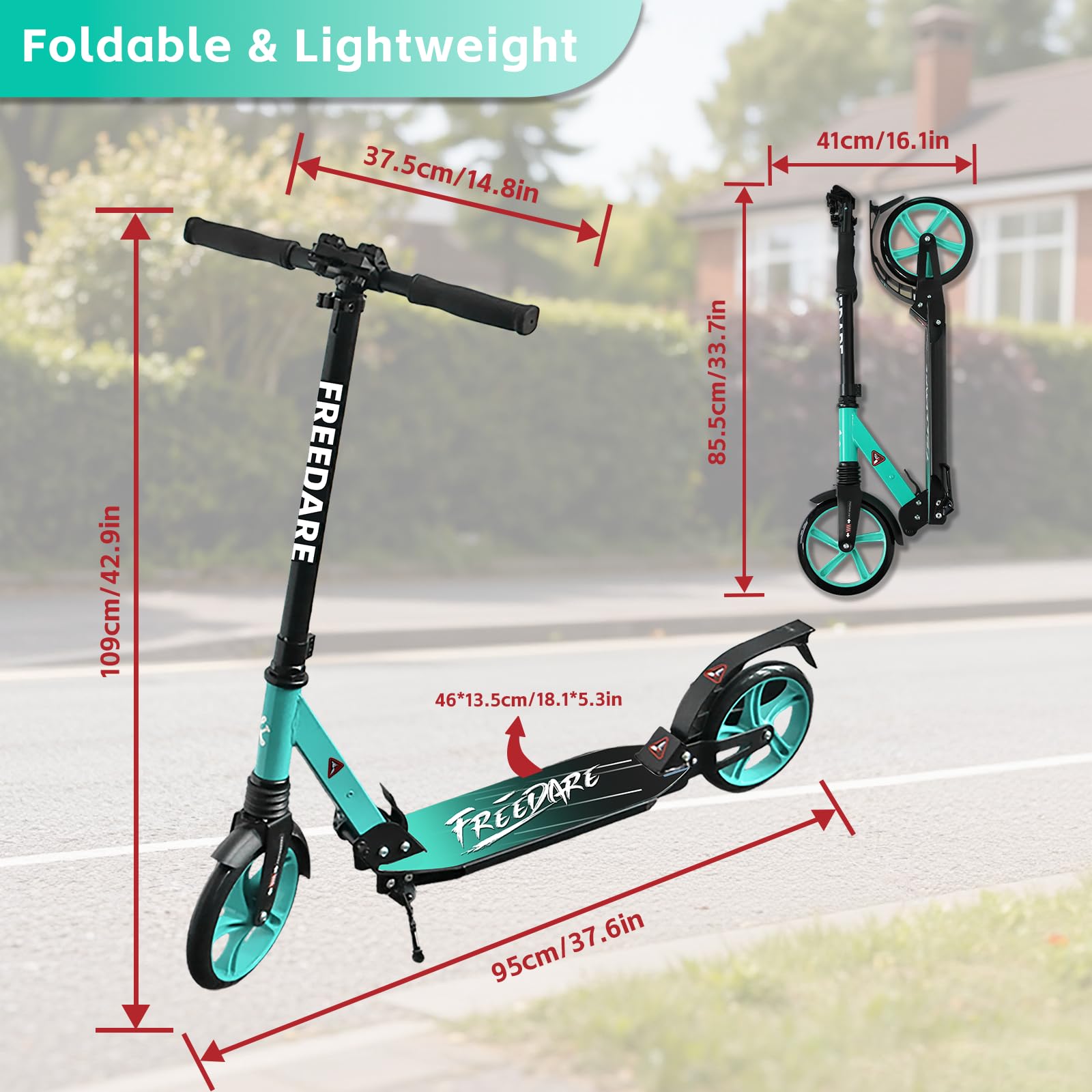 FREEDARE Kick Scooter for Kids & Adults Ages 8+, Foldable Teen Scooter with 2 Big 8-inch Wheels and 4-Level Adjustable Handlebar, Max Load 220 LBS, Green