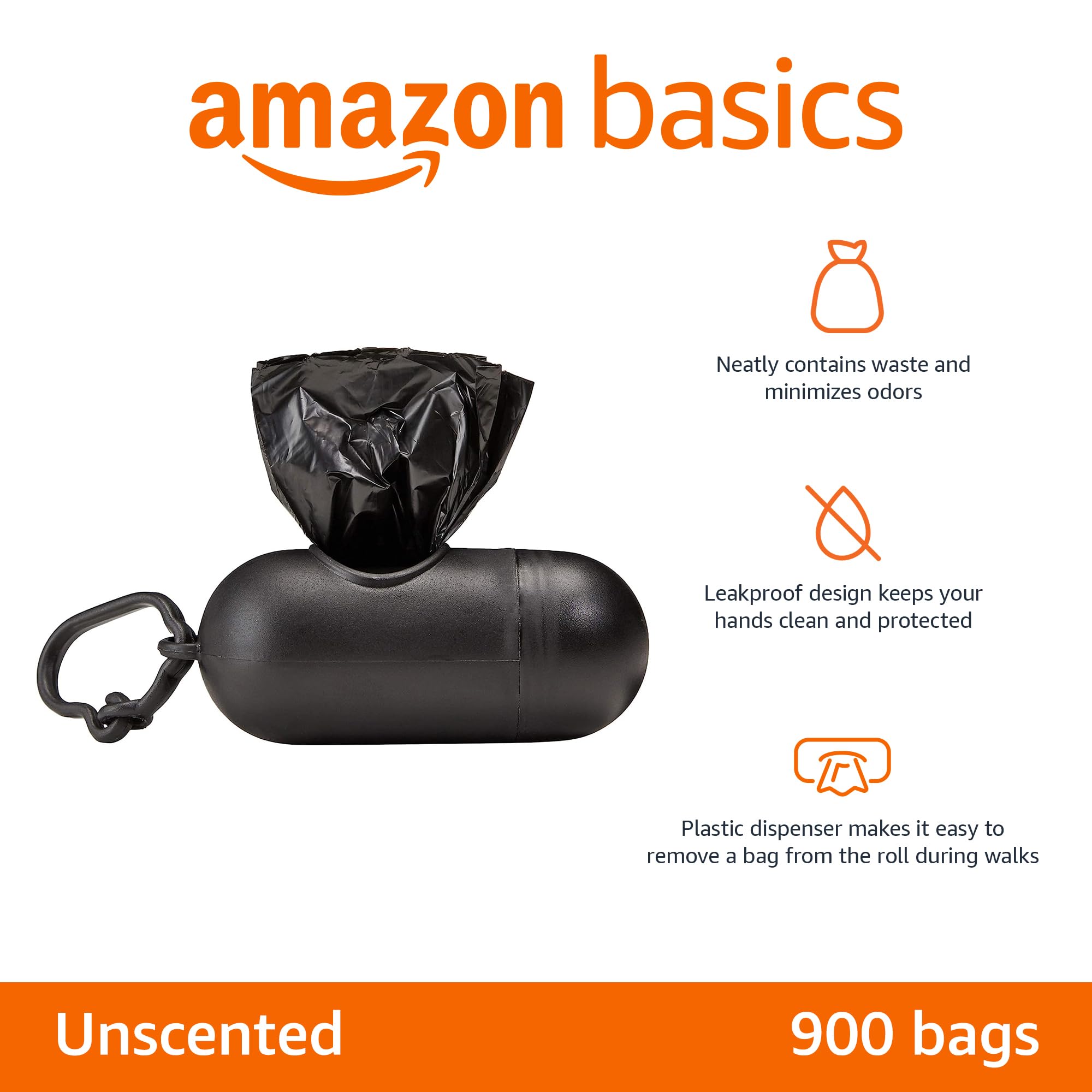 Amazon Basics Dog Poop Leak Proof Bags with Dispenser and Leash Clip, Unscented, 900 Count, 60 Pack of 15, Black, 13 x 9 Inch