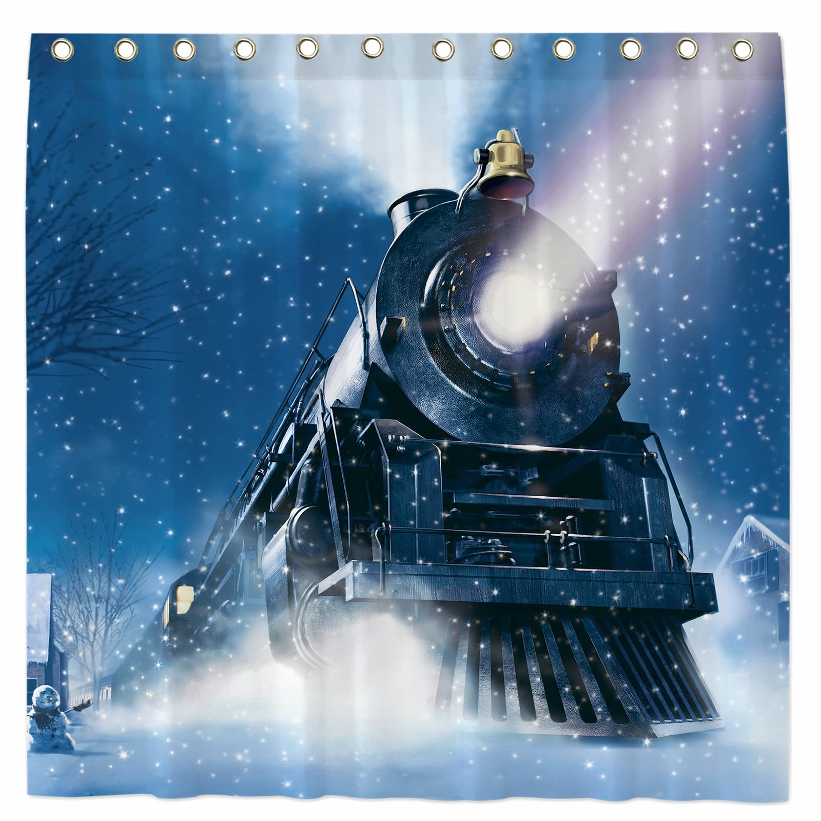 Seasonwood Winter Christmas Night Train Shower Curtain Set with 12 Hooks Wonderland Railway Polar Express Retro Bathroom Bathtubs Decor Waterproof with Washable Durable Polyester Fabric 72"x72"
