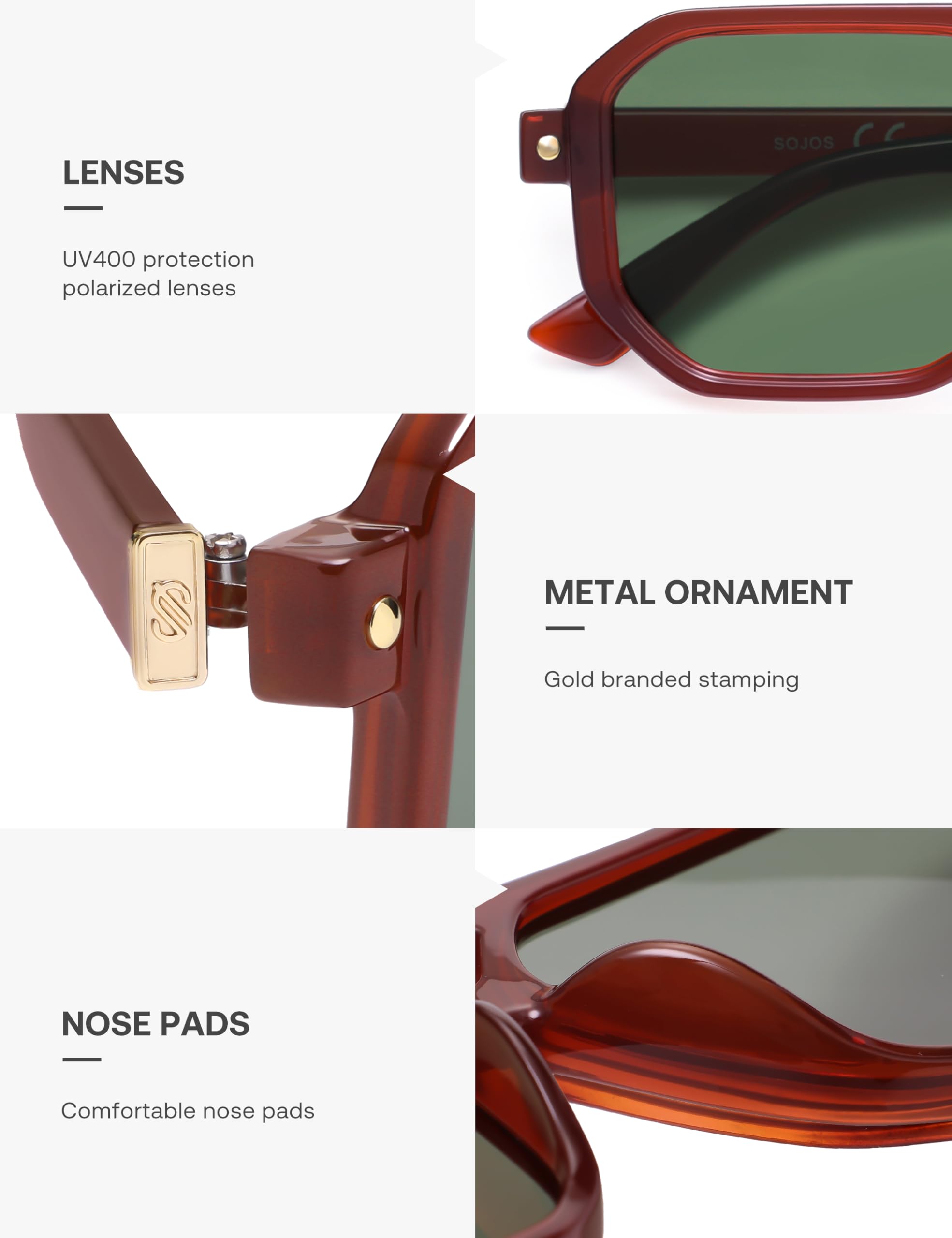 SOJOS Retro Polarized Square Aviator Sunglasses for Women Men Vintage 70s UV400 Protection Shade SJ2609 Milky Brown Green Lens