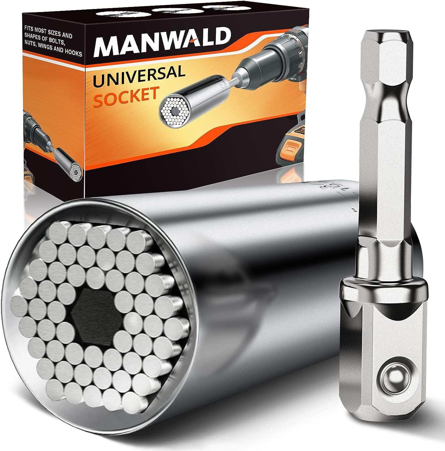 MANWALD Universal Socket Tool, Super Socket Unscrew Any Bolt, Adjustable Socket Drill with Adapter, Christmas Stocking Stuffers for Him, Men, Kids, Boyfriends, 2 PCS, Silver