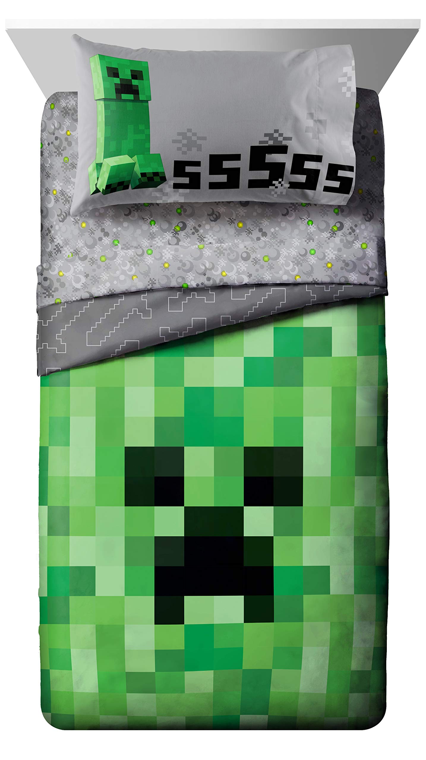 Jay Franco Minecraft Creeper 5 Piece Full Bed Set - Includes Reversible Comforter & Sheet Set - Super Soft Fade Resistant Microfiber - (Official Minecraft Product)