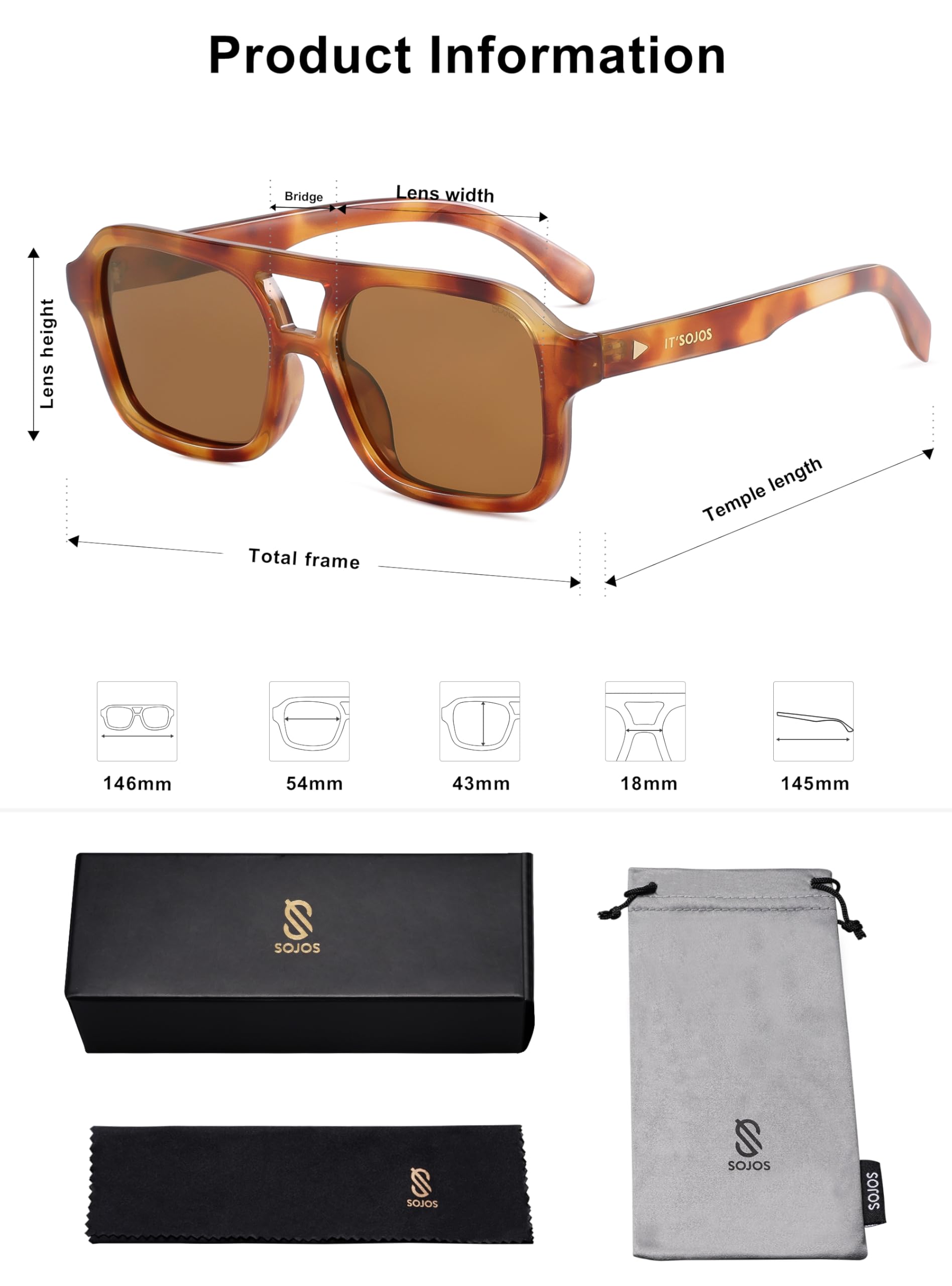 SOJOS Retro Aviator Sunglasses for Womens Mens Polarized Trendy Square Designer Inspired Shades 80s 90s Sun Glasses SJ2342 Yellow/Brown