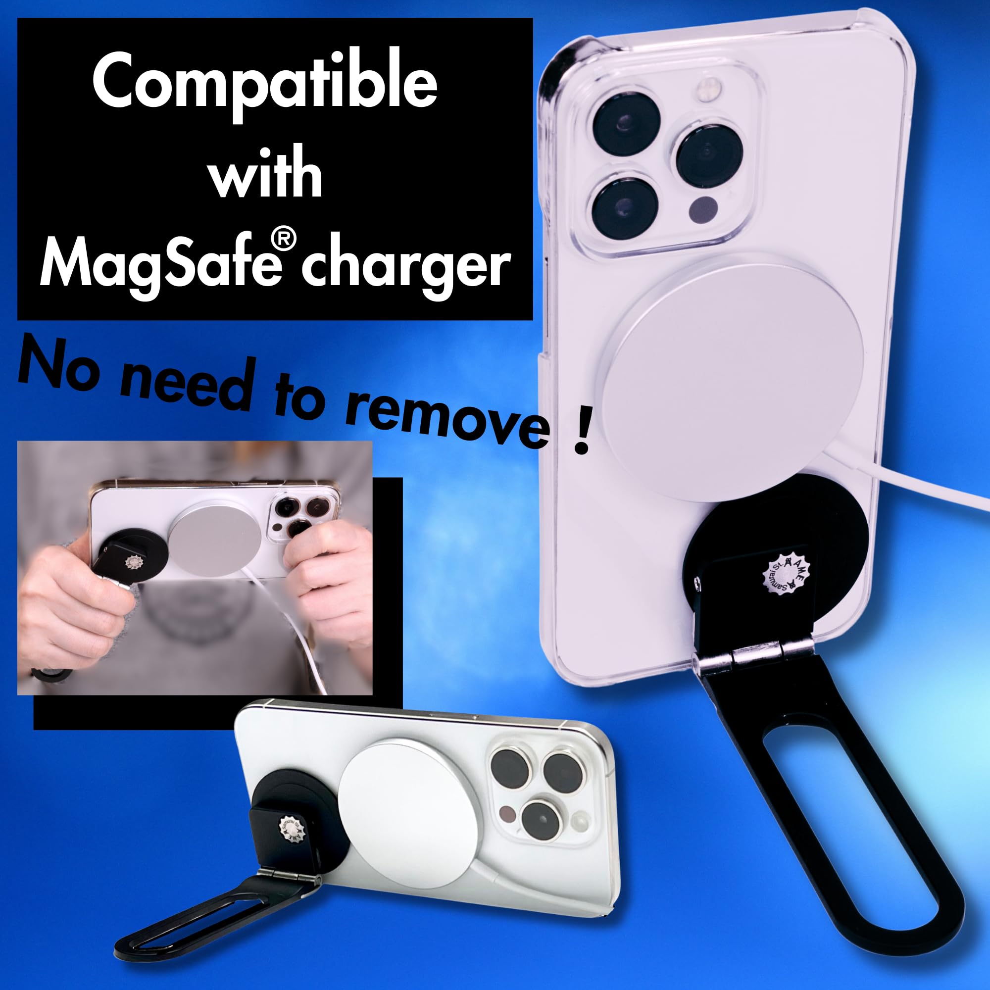 Pep Bar Cell Phone Stand Compatible with MagSafe® Cherger 360° Rotation 180°flip Metal Foldable Compact Selfie Stick Grip Ring iPhone Android iPad Tablet Made in Japan (Black)