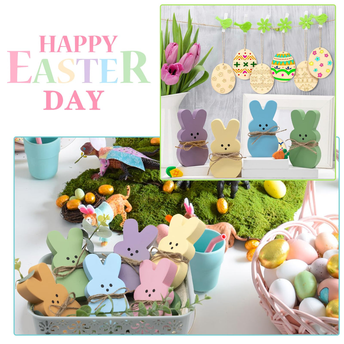 DAZONGE Easter Decorations - 6PCS Wood Bunny Peeps Easter Tiered Tray Decor Signs - Easter Shelf Sitter - Easter Decor for the Home - Spring Wood Decor