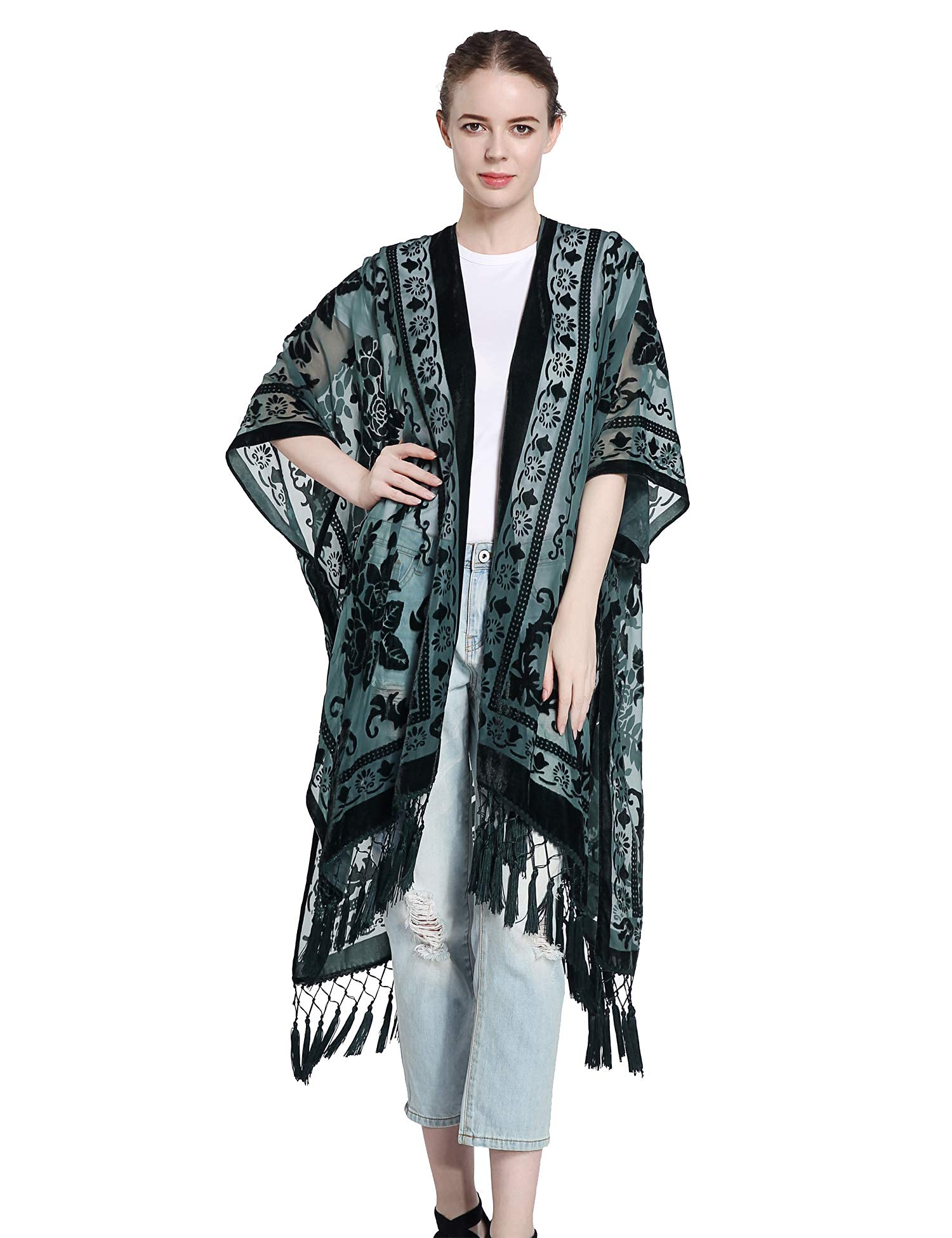 WeHello Women's Burnout Velvet Kimono Long Cardigan Cover Up with Tassel Dark Green