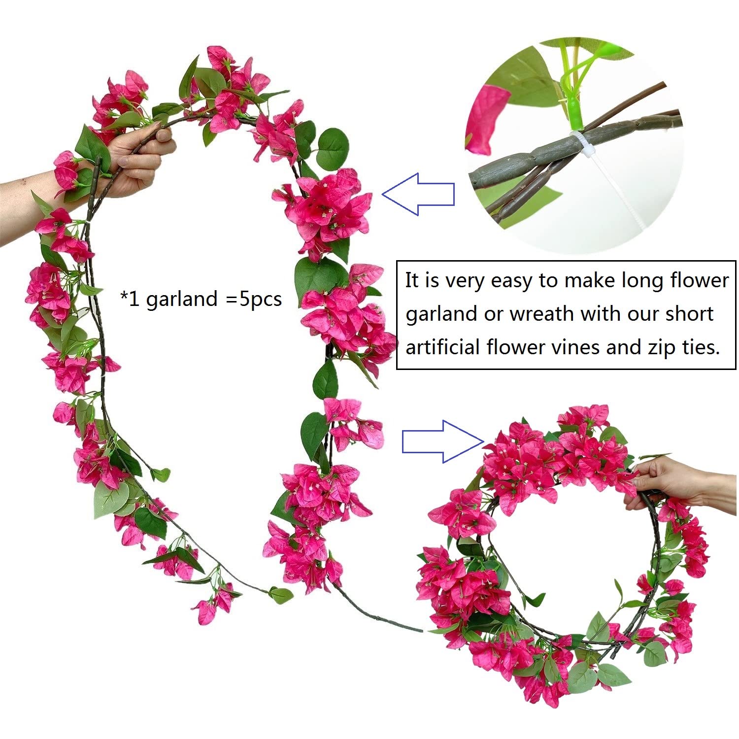 biparoz Pack of 16 Artificial Bougainvillea Silk Vines Hanging Flower Stems for Wedding & Home Decoration, Flower Garland and Garden DIY Decor - 30.5 inch (Fuchsia)