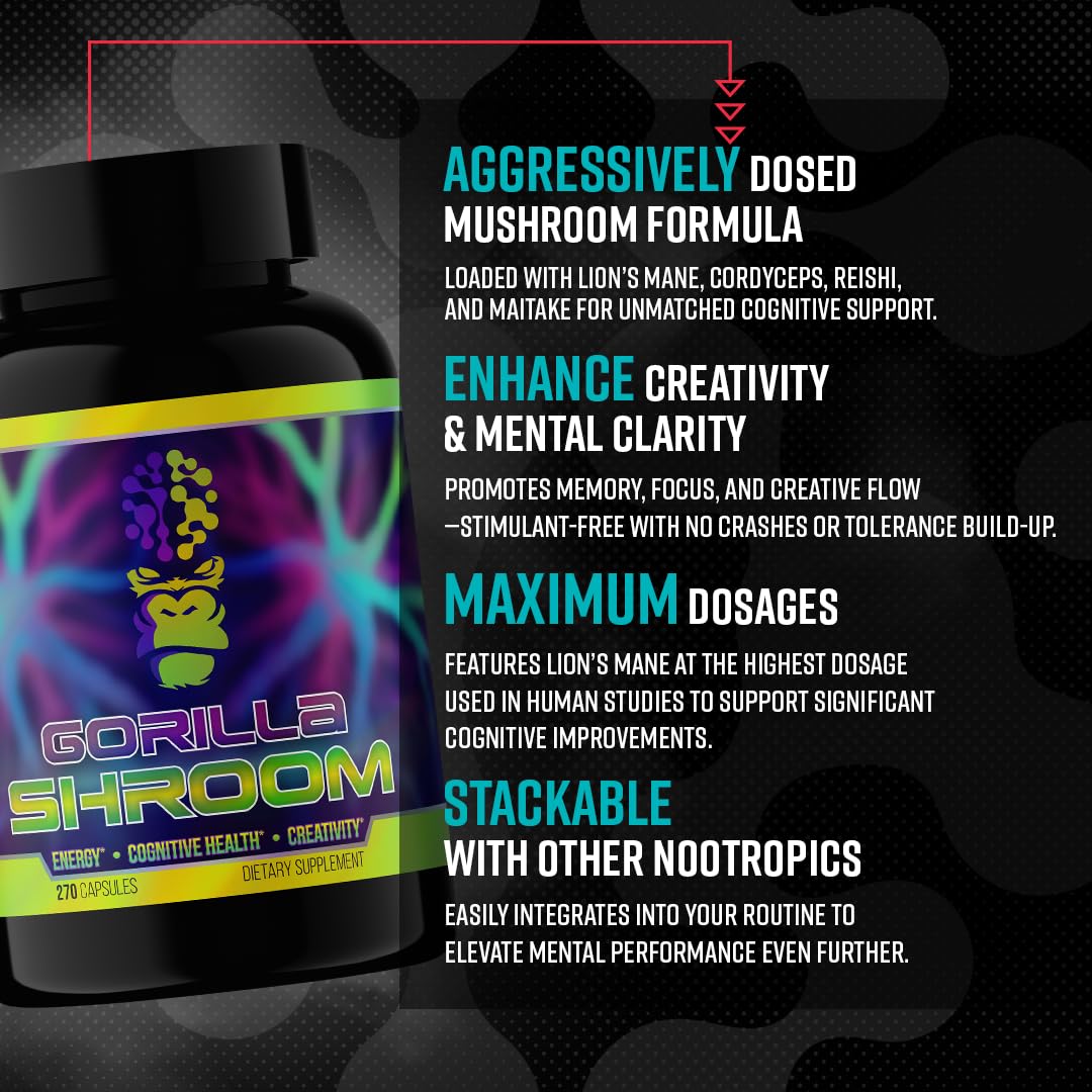 Gorilla Mind Shroom Nootropic Mushroom Supplement (6700mg) - 270 Capsules/Includes Lions Mane, Cordyceps, Reishi, Maitake/Increased Energy Immune Modulation, Enhanced Cognitive Functioning