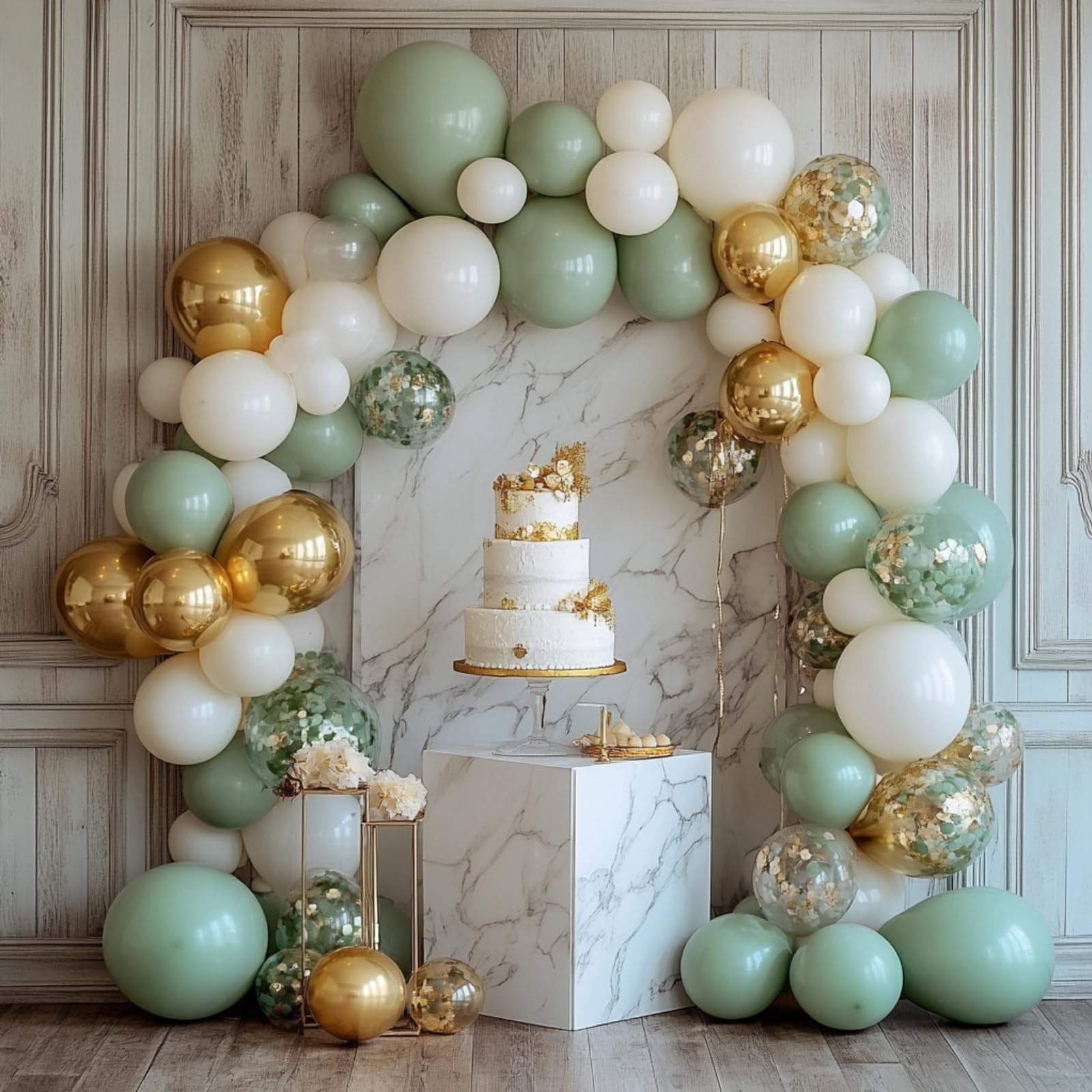 PartyWoo Sage Green Balloon Arch Kit Garland 154 pcs Different Sizes of 18 12 10 5 Inch Sage Oliver Green White Metallic Gold Confetti Balloons for Baby Shower Graduation Birthday Party Decorations
