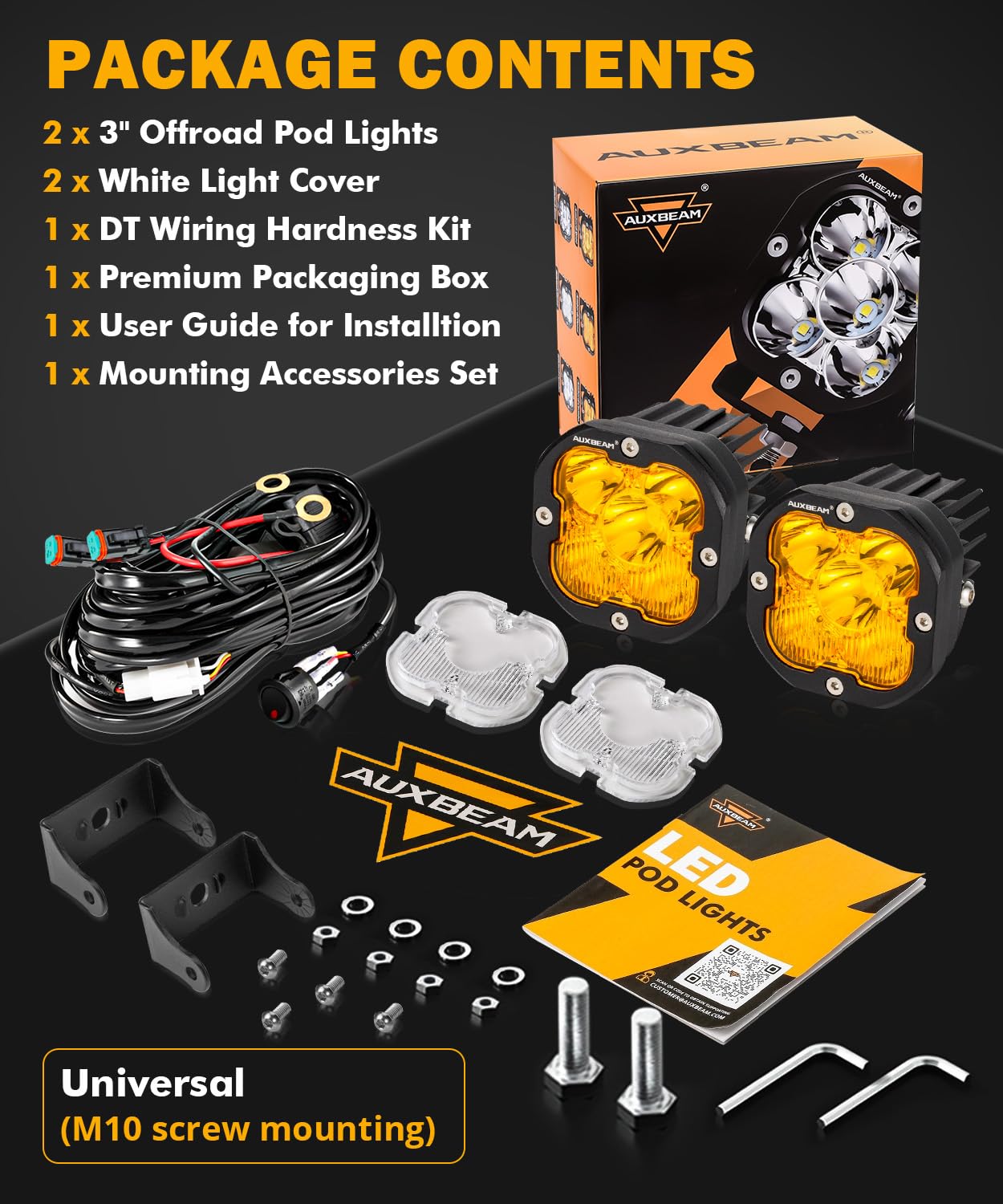 Auxbeam 3 Inch Led Pods Amber Fog White Off Road Driving Light XP-Ultra Series Spot Flood Combo Offroad LED Bar Cube Lights 80W Auxiliary Ditch Lights with White/Amber Light Covers, Pair