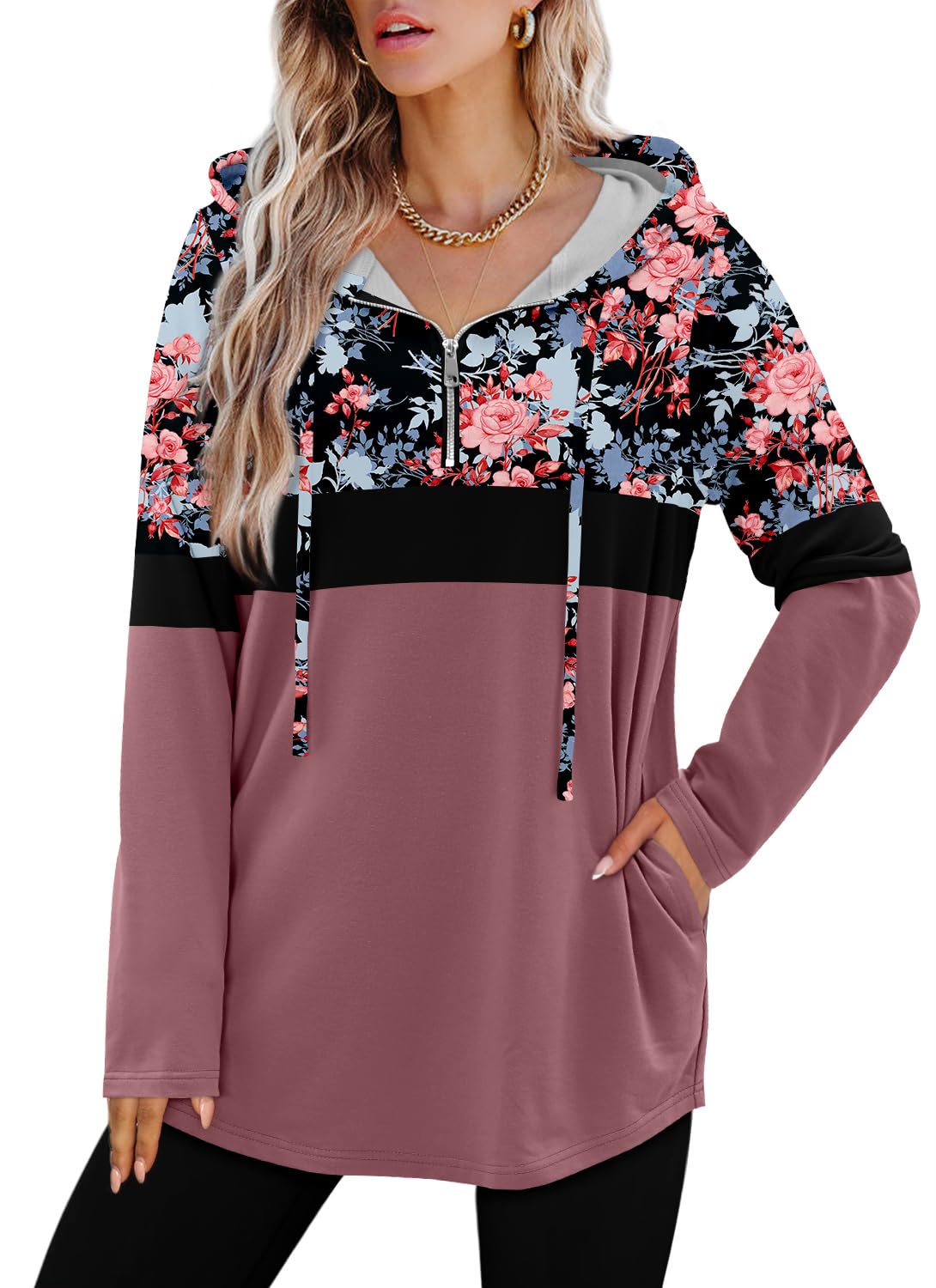 BETTE BOUTIK womens tunic long sleeve hoodie zipper hooded sweatshirt women hoodie floral women quarter zip sweatshirt Pink Rose X-Large