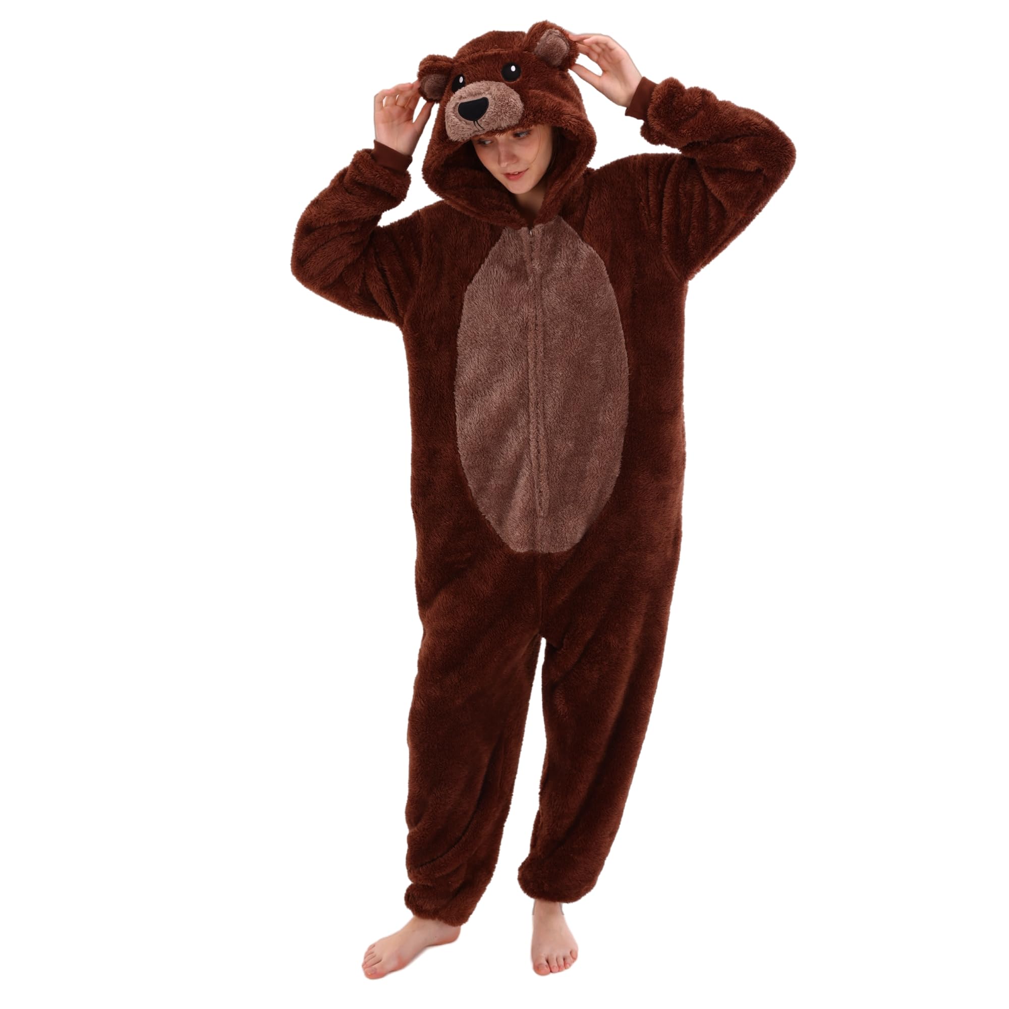COSUSKET Snug Fit Unisex Adult Onesie Pajamas, Sherpa Bear Cosplay Animal One Piece Halloween Costume Sleepwear Homewear