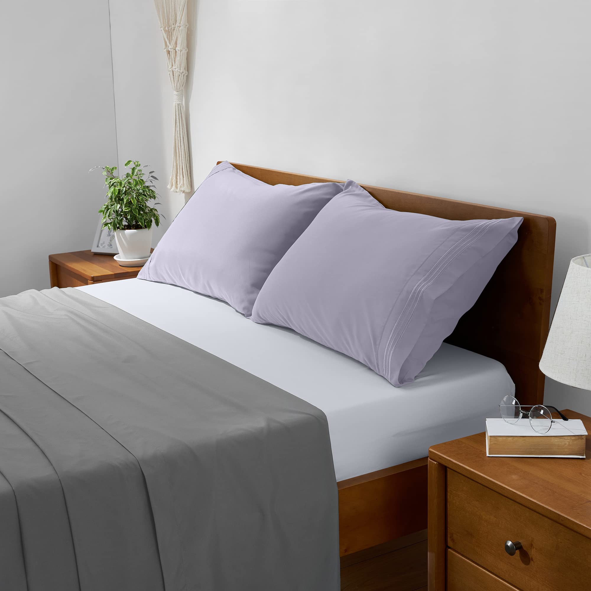 Mellanni California King Bed Sheet Set Colorful Bundle&Save - Luxury Bedding - Bundle Includes: White Cal King Fitted Sheet, Light Gray Cal King Flat Sheet and Lavender King 2 Pillowcases