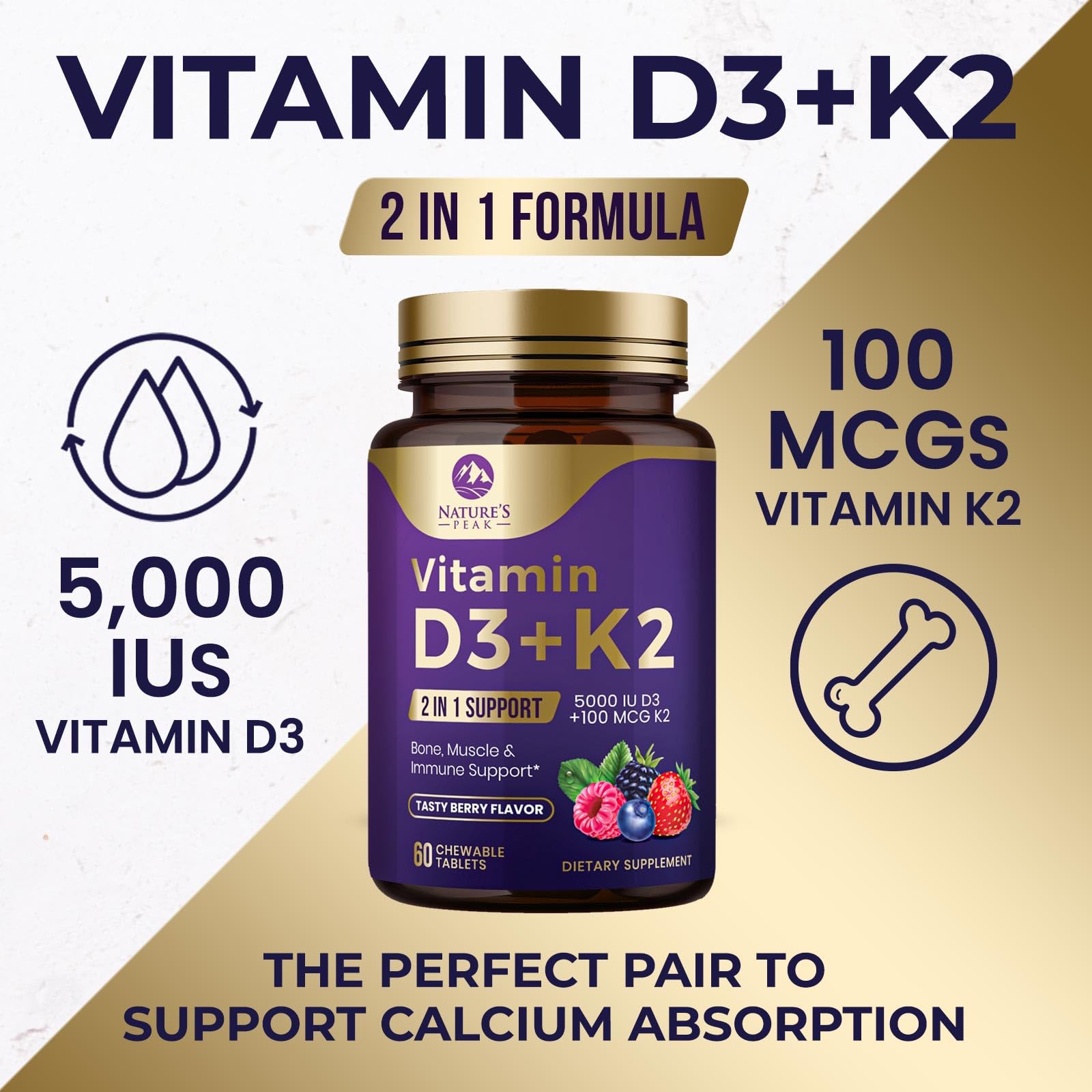 Vitamin D3 K2 - 5000 iu Vitamin D3 & 100 mcg Vitamin K2 (MK-7) Complex for Immune Support - Bone, Teeth & Muscle Health Support - Berry Chewable, Gluten Free, Non-GMO, Bottled in USA - 60 Tablets
