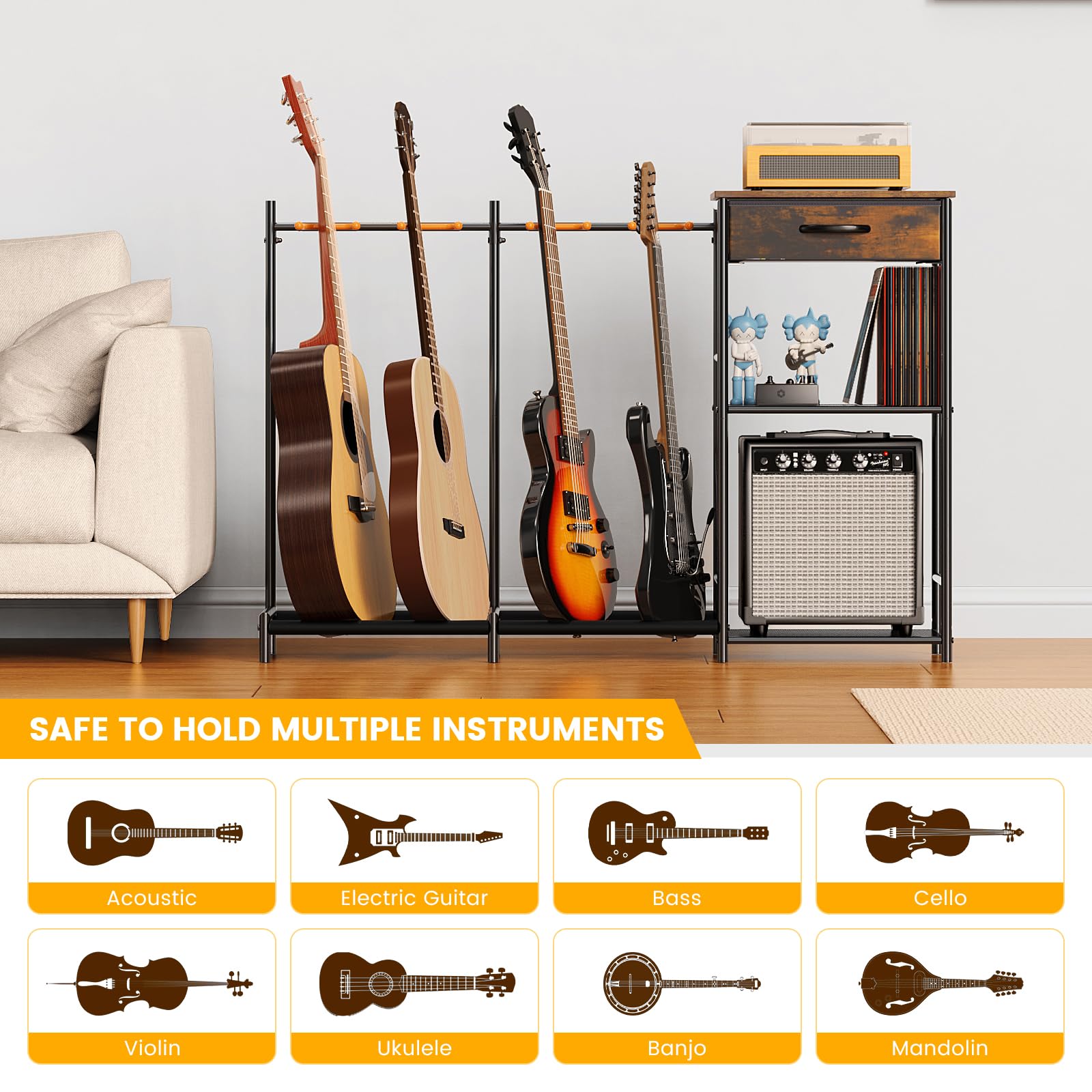 Guitar Stands Floor with 4 Guitar Holders, 3-Tier Guitar Stand Multiple Guitars, Guitar Rack with Amp Stand & Cloth Drawer, Multi Guitar Stand for Music Studio, Guitar Accessories gift for Music Lover