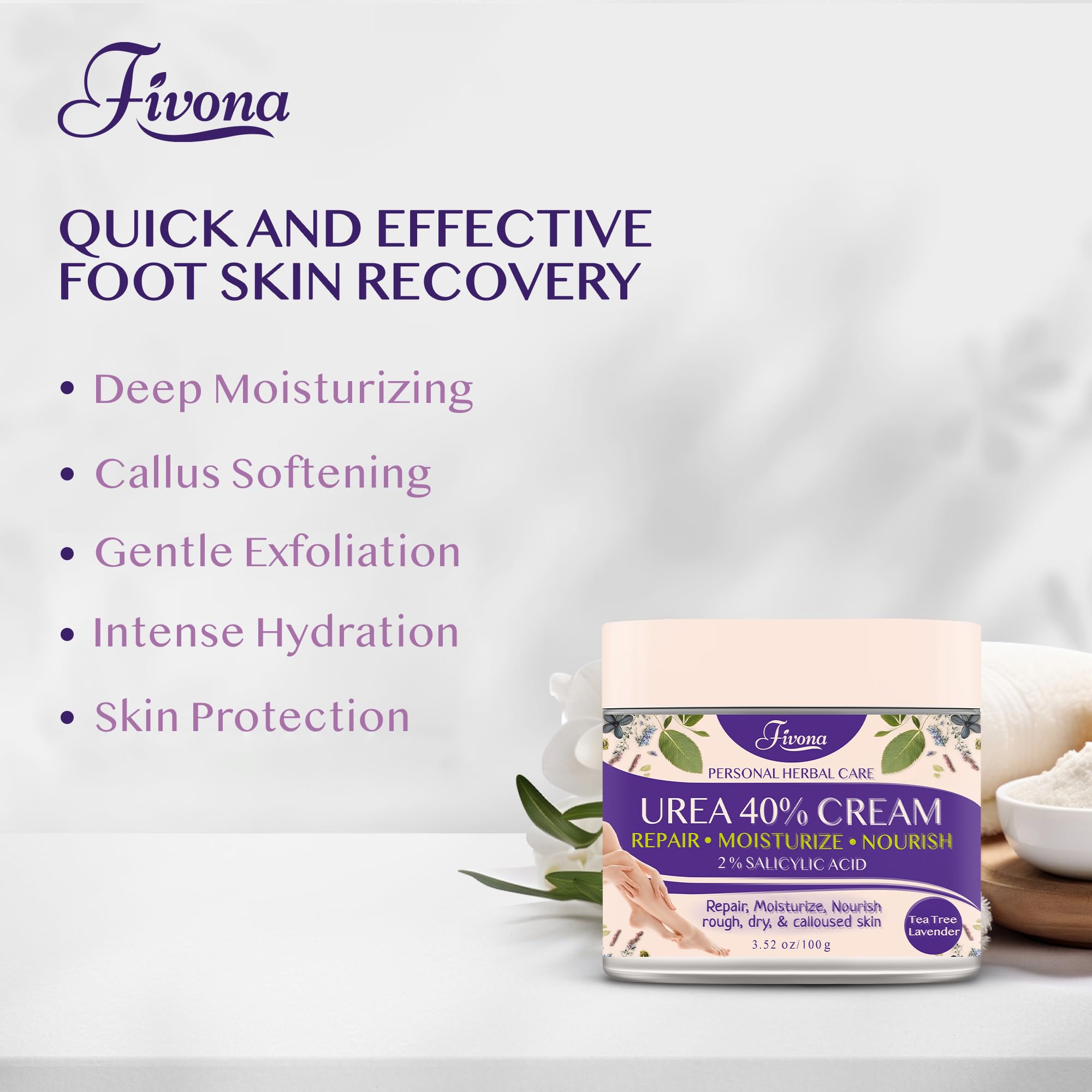 FIVONA 40% Urea Cream with 2% Salicylic Acid - Foot Cream with Tea Tree and Lavender Extracts Foot Lotion for Dry Cracked Heels, Dead Skin & Callus Remover, Feet Moisturizer Repair Cream