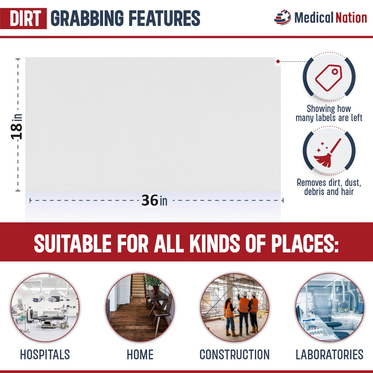 Medical Nation Sticky Mat - 18" x 36" - 120 White Sheets (Pack of 4 Mats - 30 Sheets per Mat) for Clean Rooms, Construction, Medical Facilities, Laboratories, Hospitals and Pets - Tacky Adhesive Mats