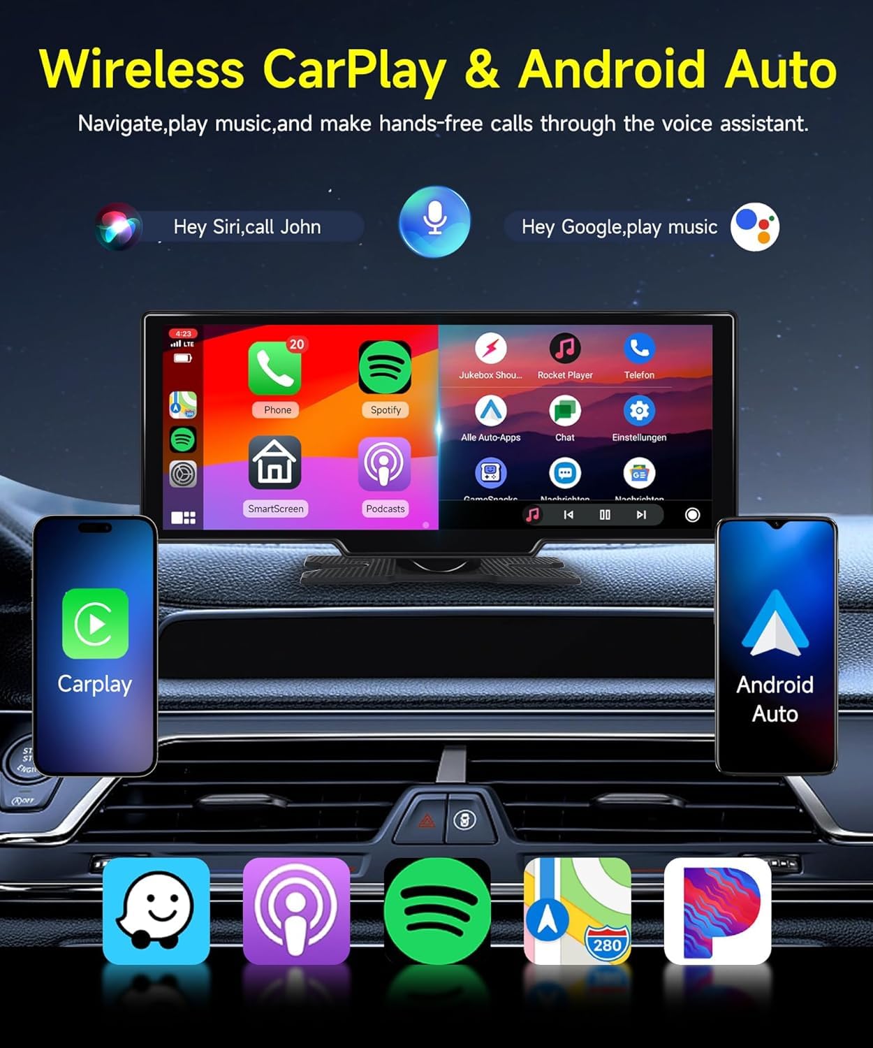 Podofo 9.3'' Wireless Carplay Screen for Car,HD 2.5K Front and AHD Backup Camera,Android Auto Airplay Mirror Link Touch Screen Bluetooth GPS Voice Control 64G TF Card,Car Play Screen for Car