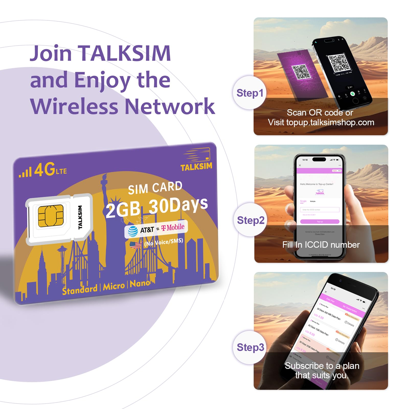 TALKSIM Data SIM Card 2GB 30 Days, USA SIM Card 4G LTE Support AT&T, T-Mobile Dual Network Compatible with Unlocked Security Camera/Router/Mobile WiFi Hotspot/GPS Tracker/Tablet IoT Devices