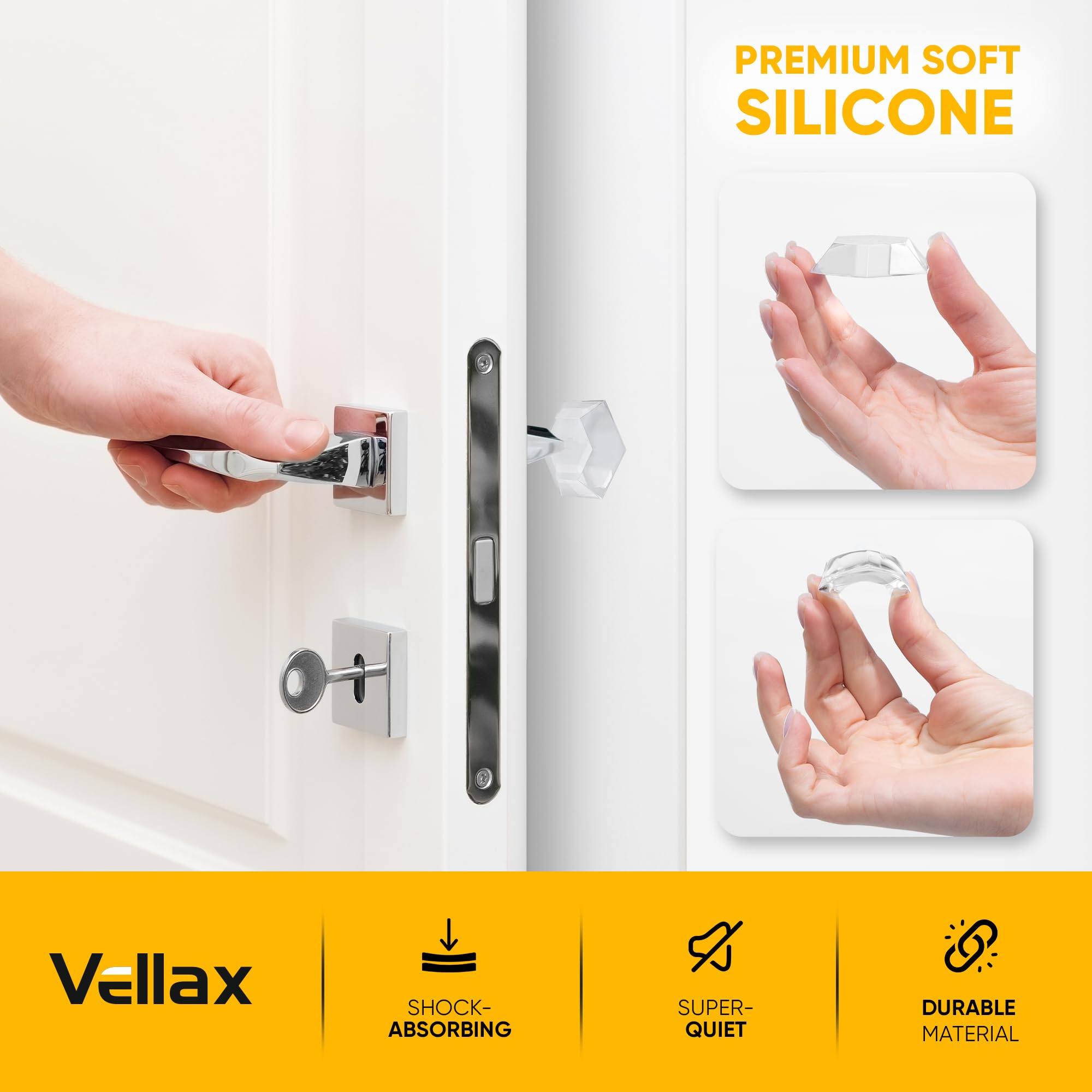 Large 2" Door Knob Wall Protectors โ 4 Clear Self-Adhesive Silicone Bumper Pads in Modern Hex Shape โ Noise Dampening Wall & Furniture Guards by VELLAX