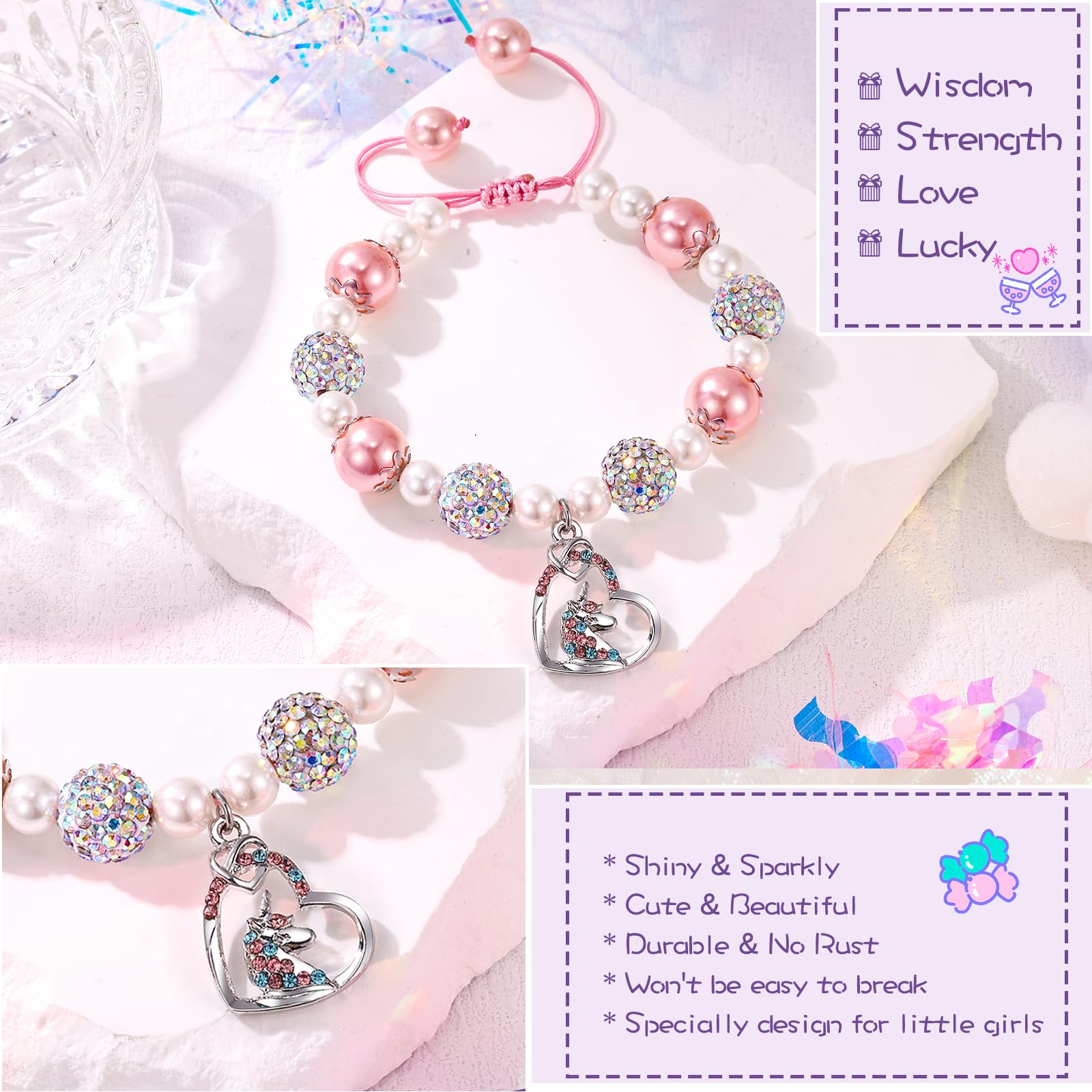 Alissl Unicorn Bracelet for Girls, Back to School Adjustable Pink Pearl and Rhinestone Balls Gifts for Girls Daughter Granddaughter Niece