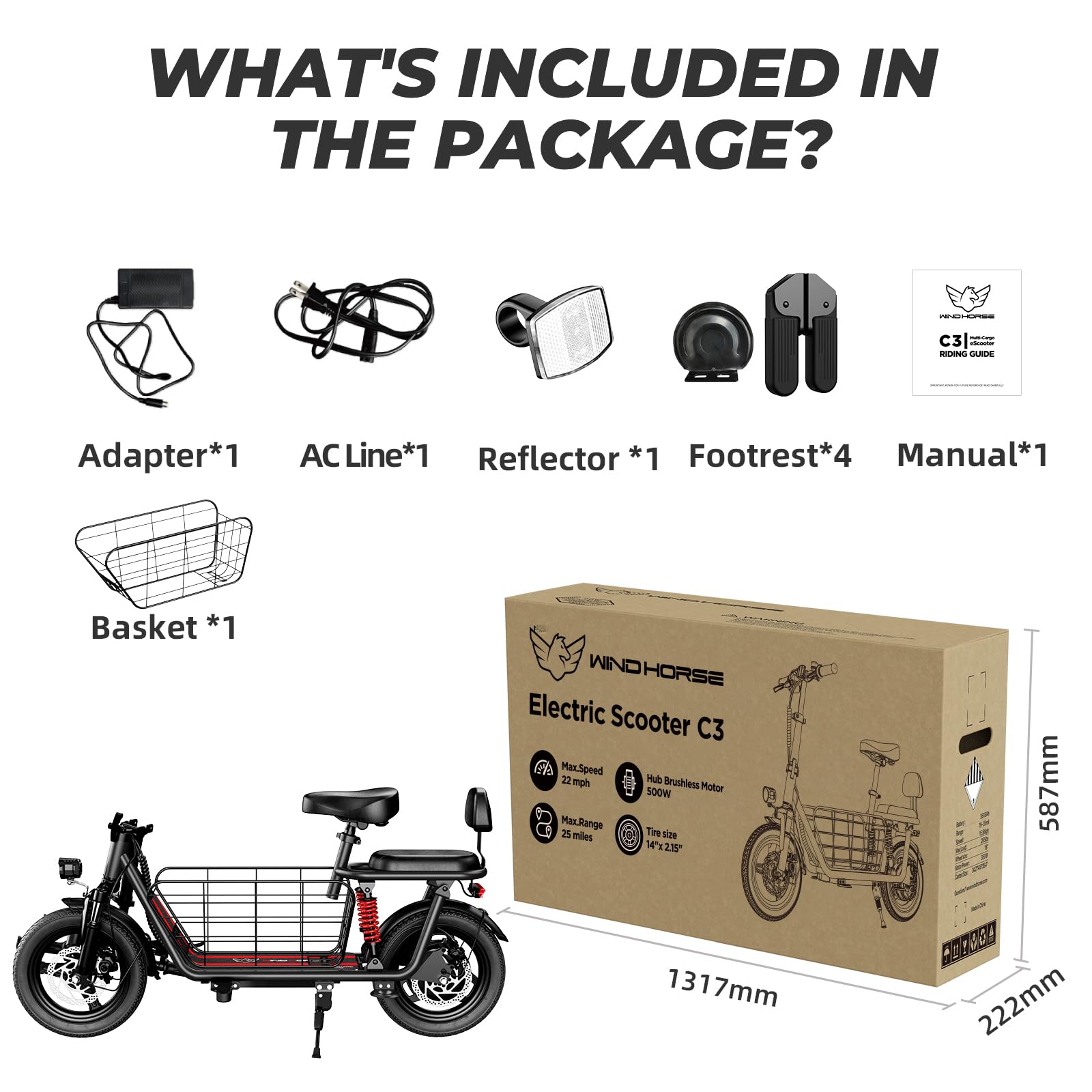 WINDHORSE 850W Peak Electric Scooter with Seat, 20MPH & 25 Miles Range, Dual Shock Absorbing, 3 Gear Speed, 14" Pneumatic Tire, Folding E Scooter for Adults with Basket for Commuting, 330lbs Load