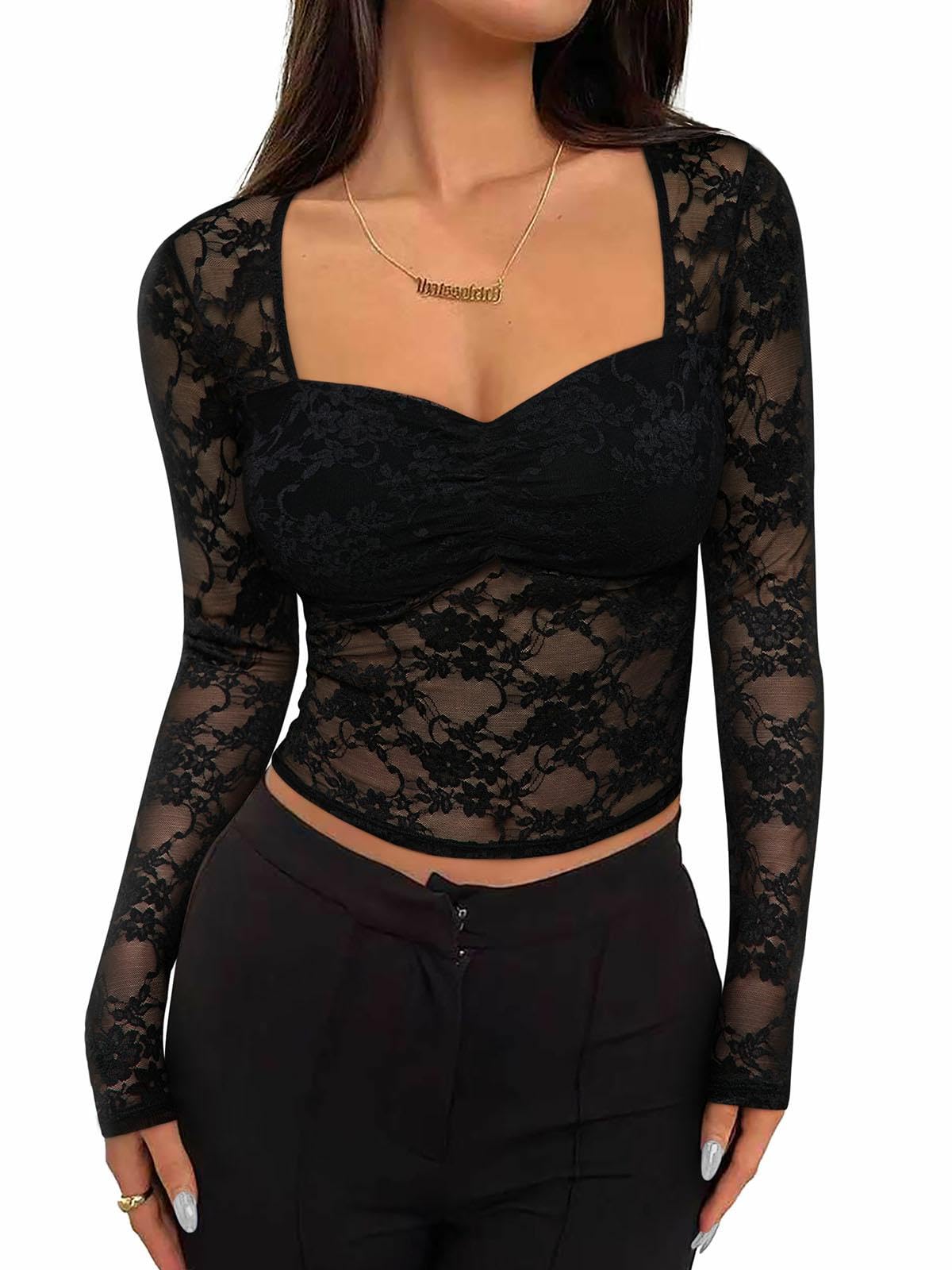 REORIA Women Lace Long Sleeve Tops Sexy See Through Mesh Shirts Low Cut Slim Fit Y2K Going Out Blouses Fashion Club Tee, Black M
