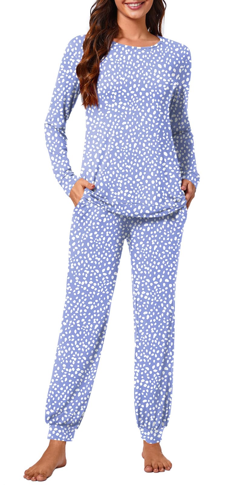 syoss Womens Pajama Set Long Sleeve Sleepwear Fall Round Neck Nightwear Soft Pjs 2 Piece Lounge Sets with Pockets L, Spotted Blue