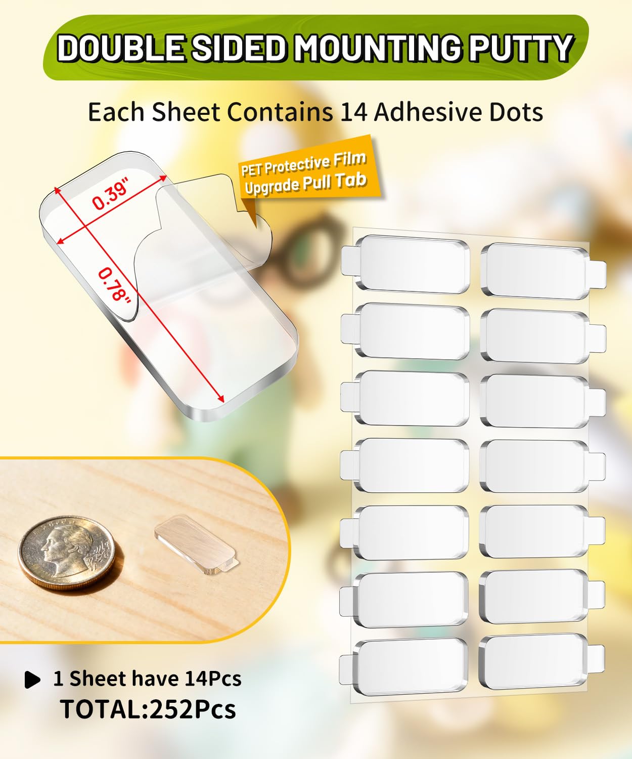 PHIXBEAR Upgraded Large Mounting Putty No Residue with Pull Tab, Double Sided Tape Adhesive Dots Clear Museum Sticky Tack, Picture Hanging Strips Fixed Decor Art Craft Party, 0.39 x 0.78 in (252 Pcs)