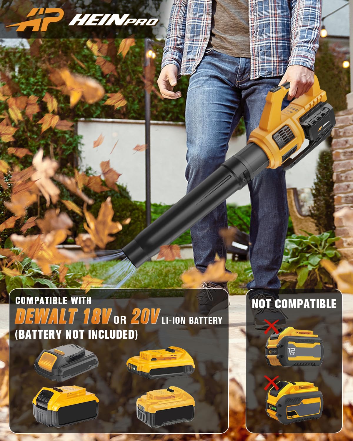 HEINPRO Cordless Leaf Blower Compatible with Dewalt 20V Max Battery(No Battery) 400CFM Electric Leaf Blower Cordless, Variable Speed, Turbo Mode, Battery Powered Leaf Blowers for Lawn Care,Yard