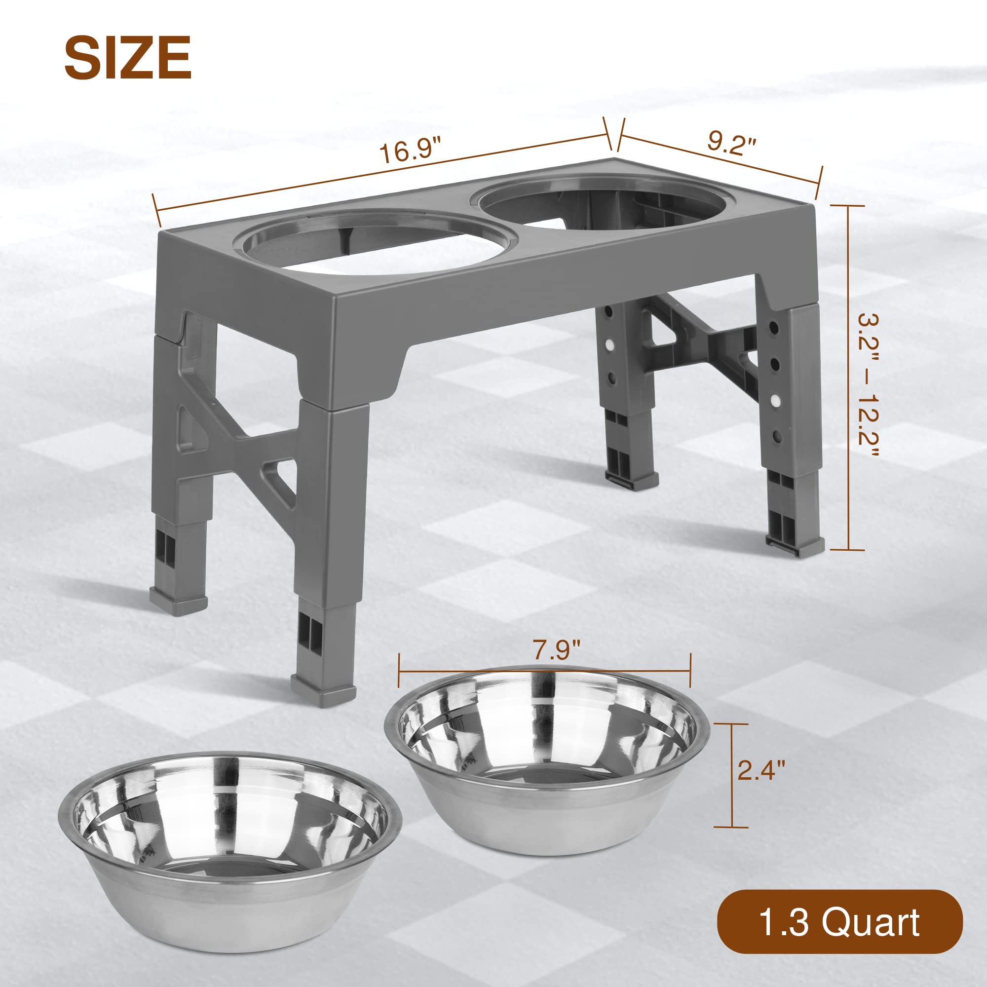 Elevated Dog Bowls, 5 Adjustable Heights Raised Dog Bowl Stand with Double Stainless Steel Dog Food Bowls, Adjusts to Heights 3.2", 8.7", 9.8", 11", 12.2" for Small Medium Large Pets Dogs and Cats