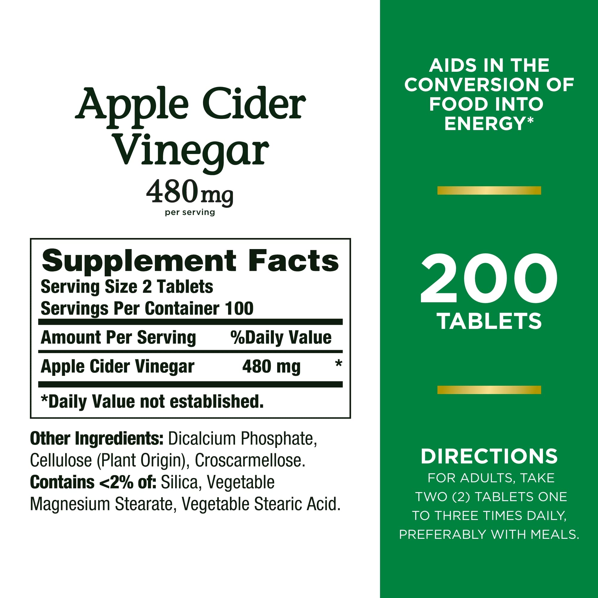 Nature's Bounty Apple Cider Vinegar 480mg Pills, Vegetarian Supplement Plant Based, 200 Tablets