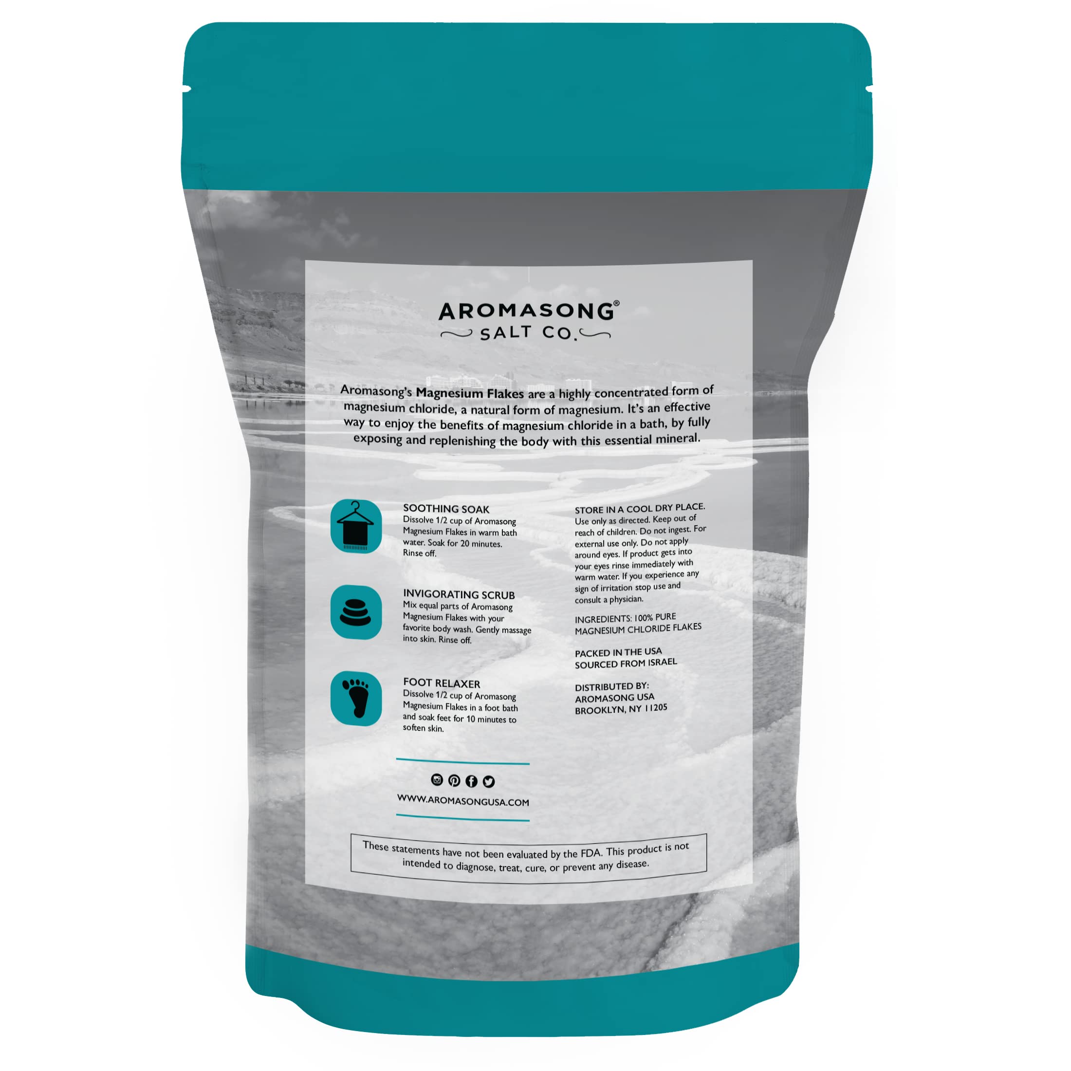 Aromasong Magnesium Flakes from The Dead Sea, 14 OZ. Resealable Pack- Muscle Relaxing Magnesium Chloride Bath Salts Soak.