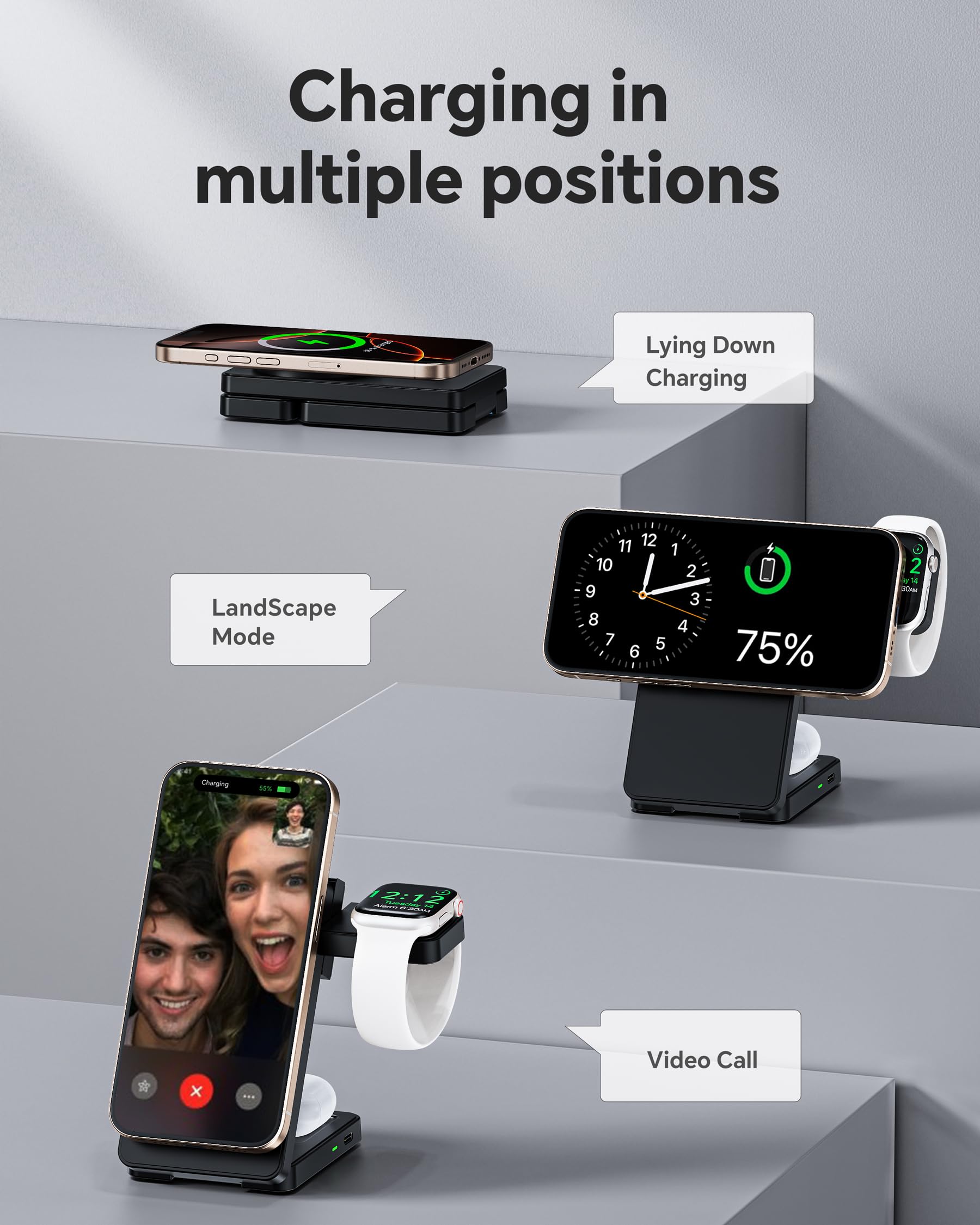 3 in 1 Charging Station for iPhone 16 15 14 13 12, 11 X 8 Series (with MagSafe Case), Wireless Charger for Apple Watch,Travel Magnetic Charging Stand for AirPods (Black-White)