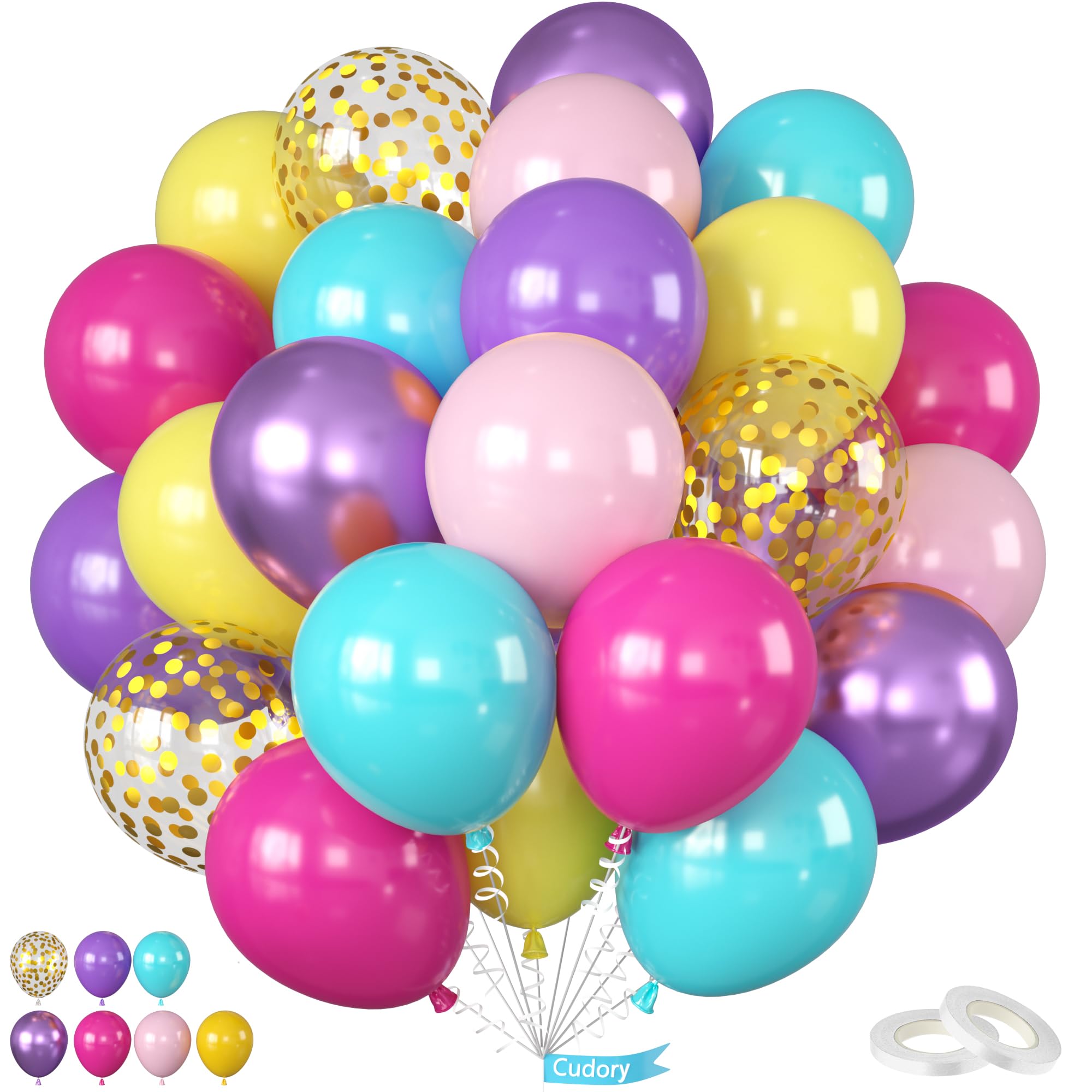 Pink Purple Blue Balloons, 12 Inch Colorful Balloon, Metallic Purple Hot Pink Teal Yellow Balloon Gold Confetti Balloons for Kids Baby Shower Engagement Magical Celebration Birthday Party Decorations