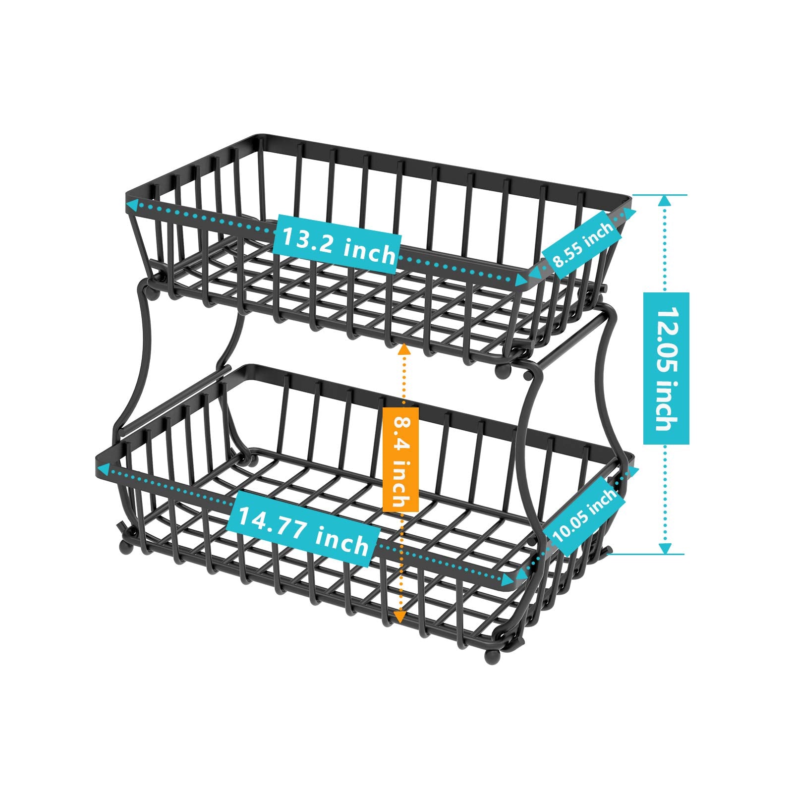 Apsan 2 Tier Fruit Basket, Countertop Fruit Vegetable Basket Bowl for Kitchen Counter, Detachable Metal Wire Storage Basket Fruits Stand Holder Organizer for Bread Snack Veggies Produce,Black