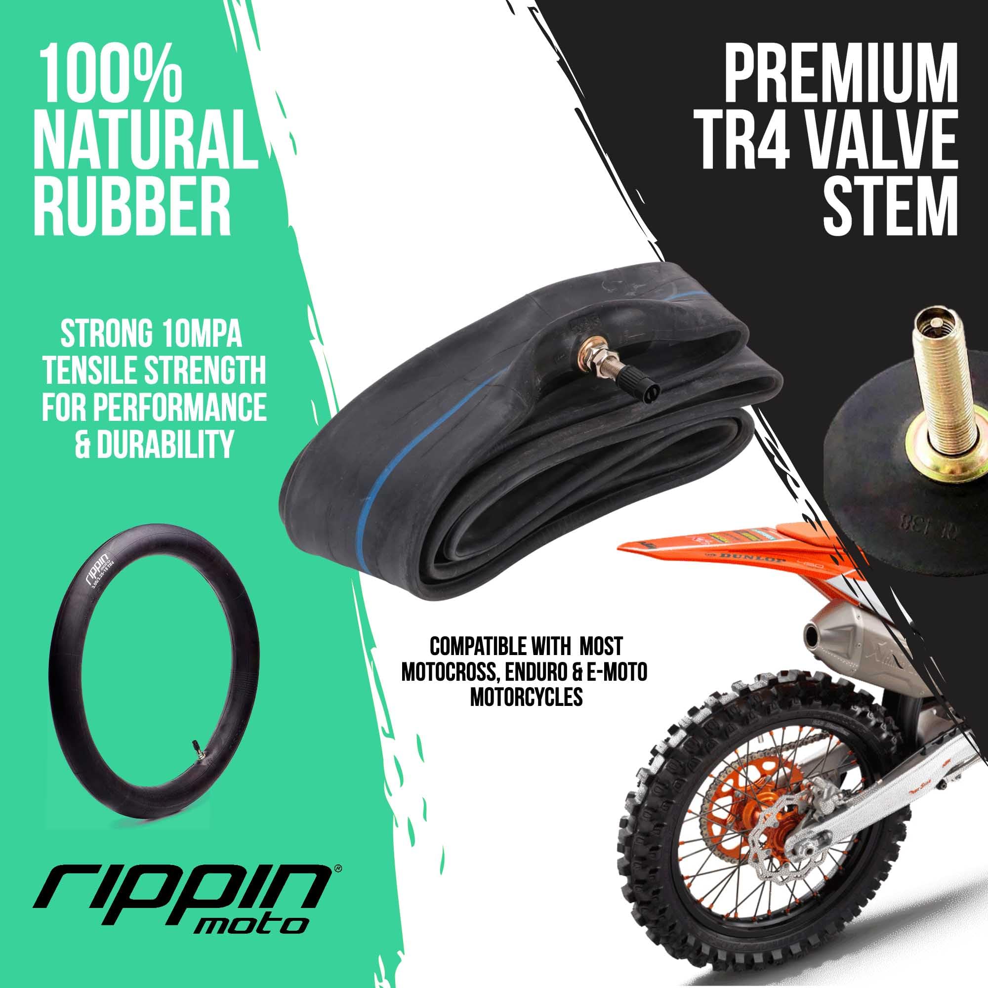 Rippin Moto 3.50/4.10-18 Performance Duty Natural Rubber Motorcycle Inner Tube – 2mm Thick, TR4 Valve Stem, Fits 100/100-18, 110/90-18, 120/80-18 Dirt Bike Tires for Motocross, Enduro & E-Moto
