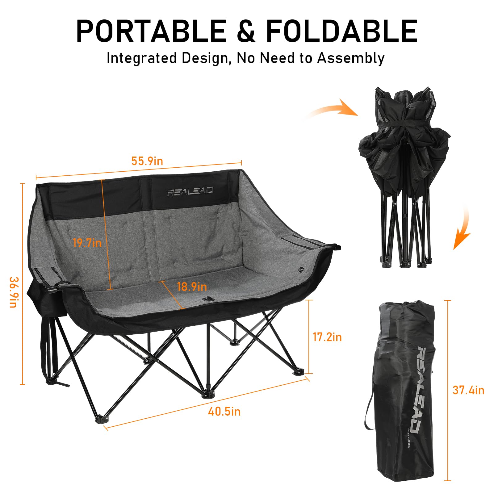 REALEAD Heated Loveseat Camping Chair | 3 Heat Levels and 4 Heating Zones | Portable Heated Chair for Outdoor Sports | Support 550lbs | Heated Folding Chairs for Outside | Battery NOT Included
