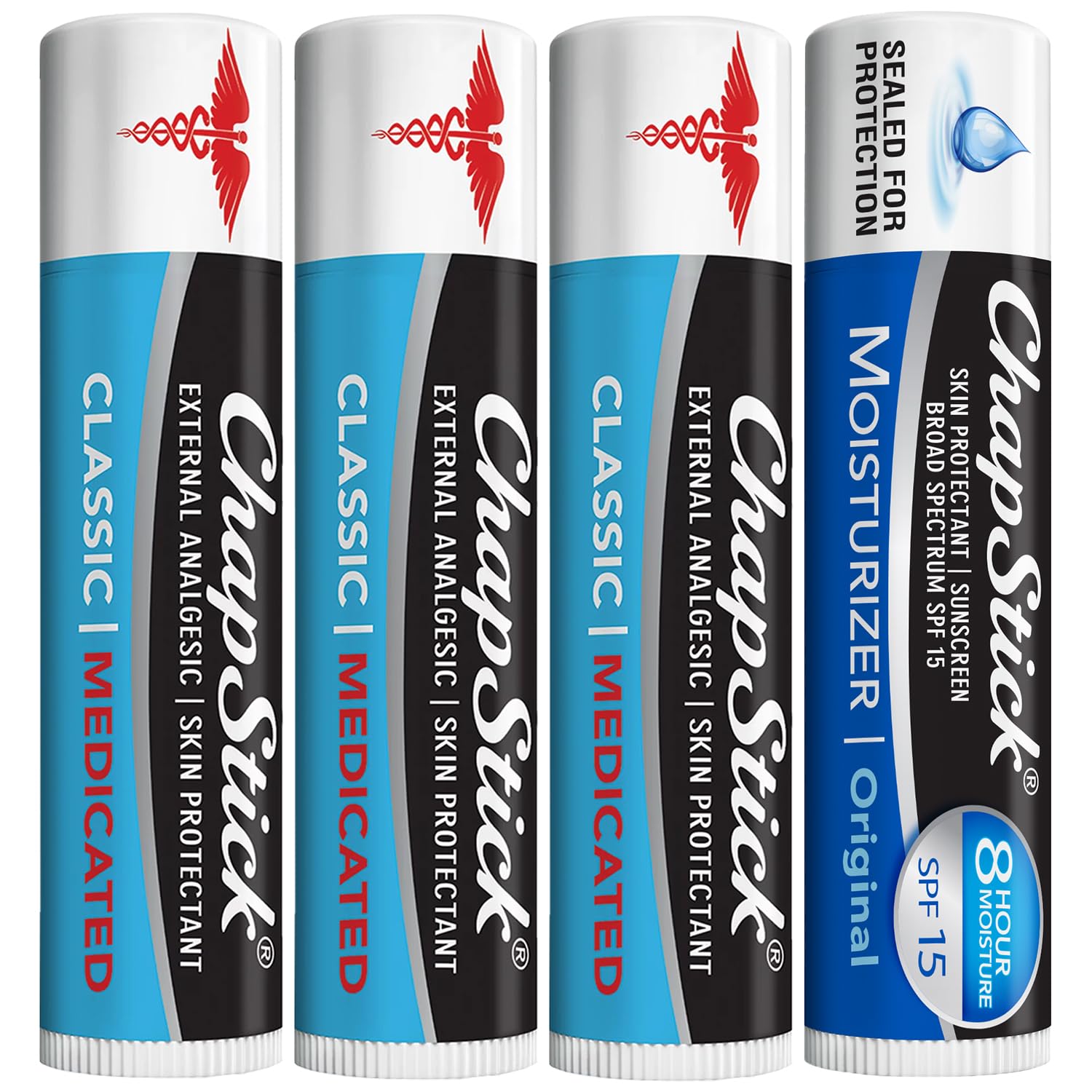 ChapStick Dry Lips & Cold Sore Pain Relief Bundle – Classic Medicated ChapStick 3-Pack + Original Moisturizer Lip Balm with SPF 15, 0.15 Oz Ea (4 Piece Set)