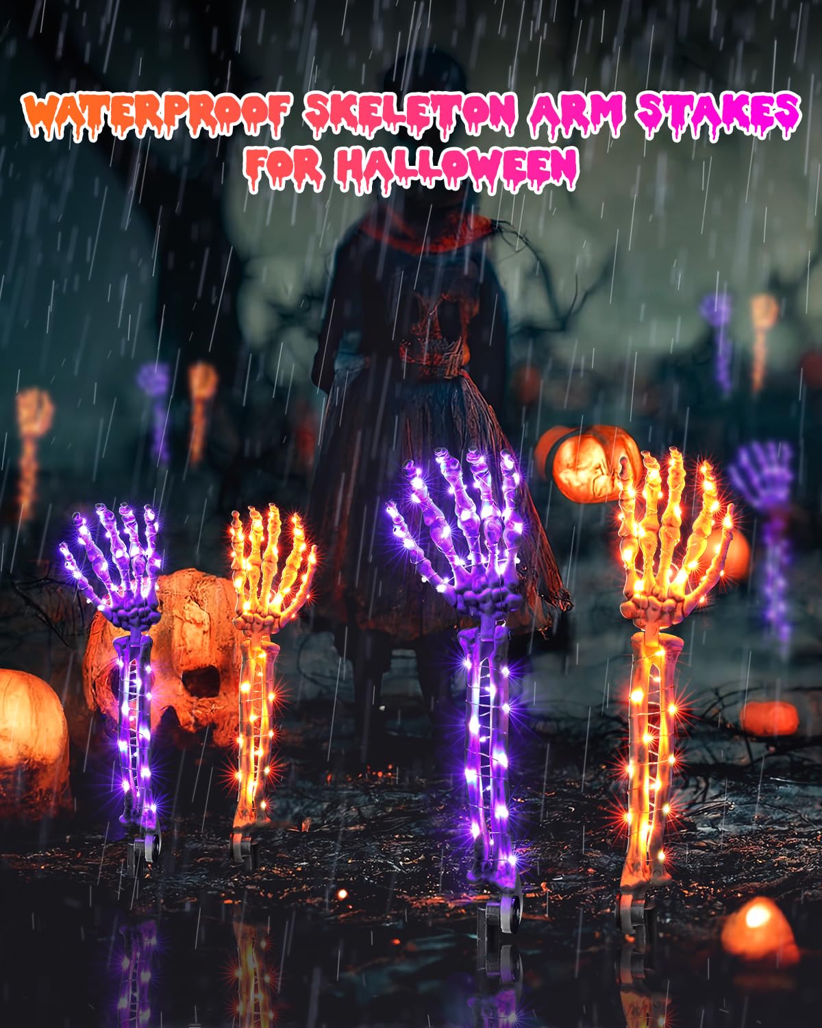 Solar Halloween Decorations Skeleton Hands - 100 LED Fairy Lights 2 pcs Skeleton Hand Stakes with 8 Lighting Modes Waterproof for Halloween Deocr Outdoor (Orange & Purple)