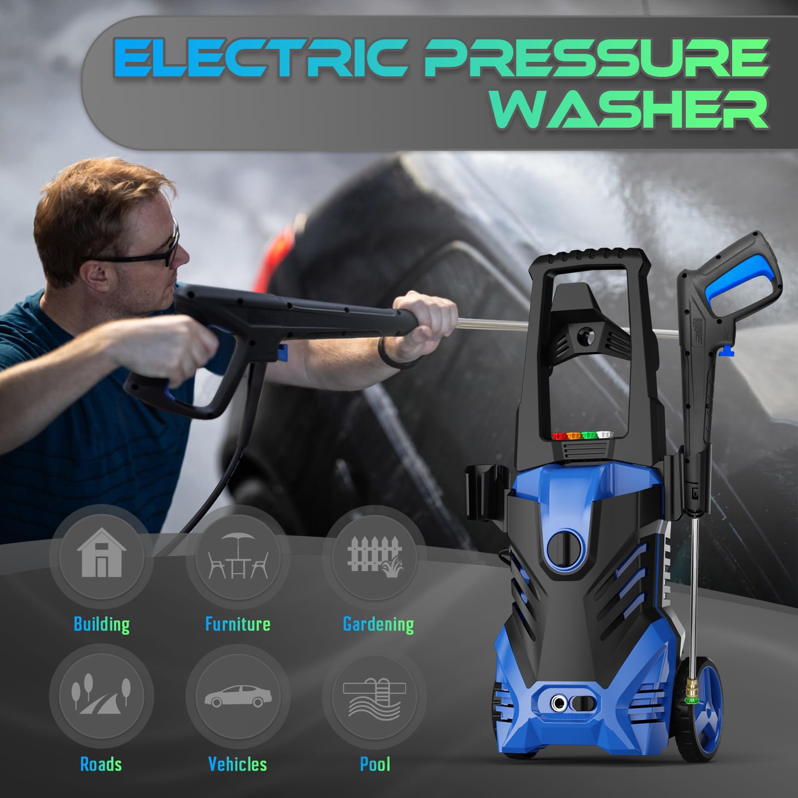Pecticho Electric Pressure Washer 4200PSI 3.2 GPM Power Washer with Smart Control and 3 Levels of Adjustment, 4 Nozzles, Foam Cannon and Spray Gun for Effortlessly Cleaning Cars, Fences, Gardens