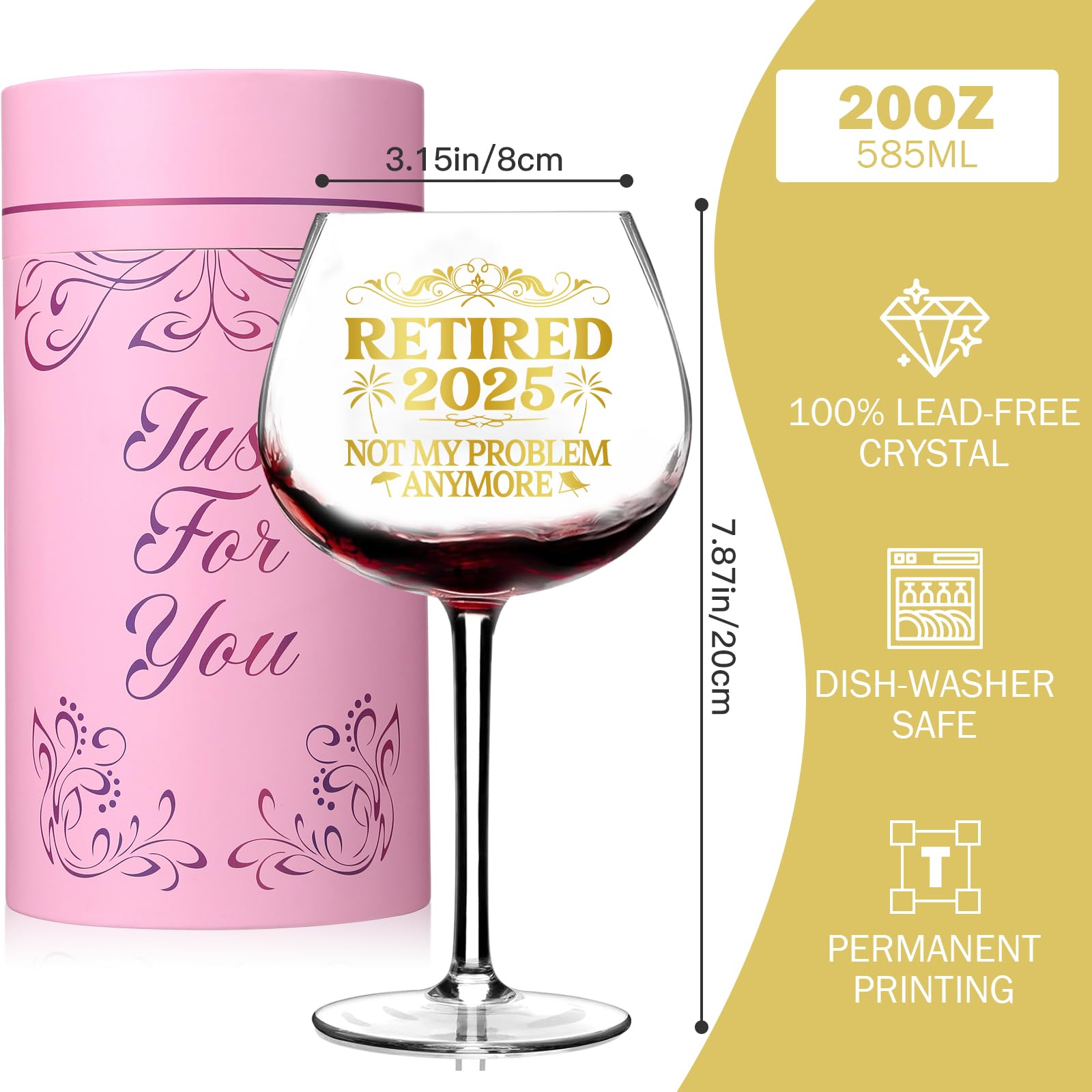 Retirement Wine Glasses for Women, Retirement Gifts for Woman 2025, Cool Happy Retired Party Decorations Not My Problem Anymore, for Her Coworker Mom Grandma Sister Woman Boss Colleague 20 Oz