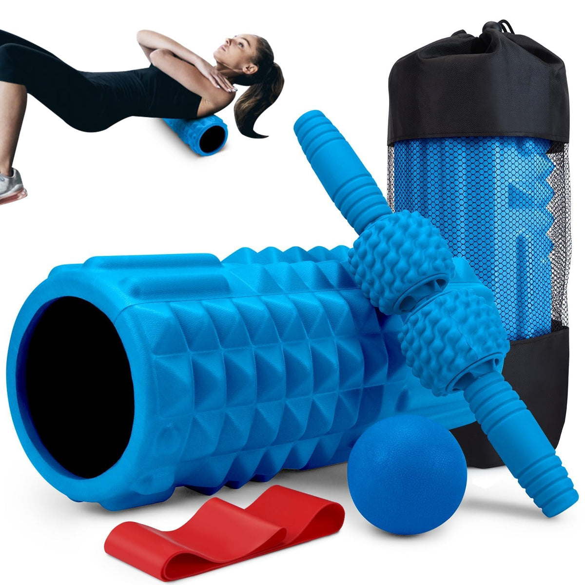 Krightlink 5-in-1 Foam Roller Set, Massage Roller Stick, Massage Ball, Resistance Band for Deep Muscle Massage, Trigger Point Release, Pilates, Yoga (Blue)